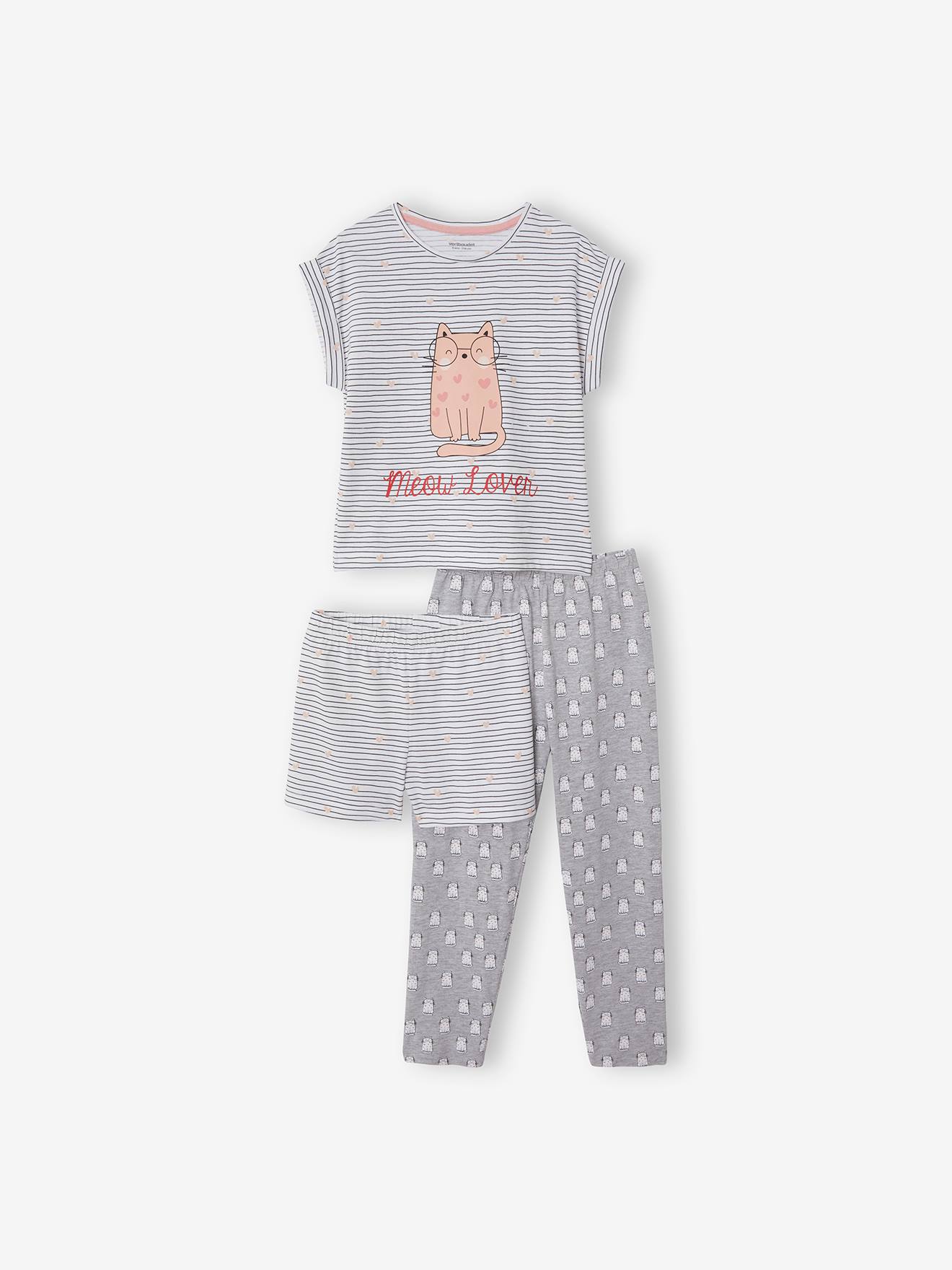 T-shirt + short + pantalon pyjama fille lot blanc rayé