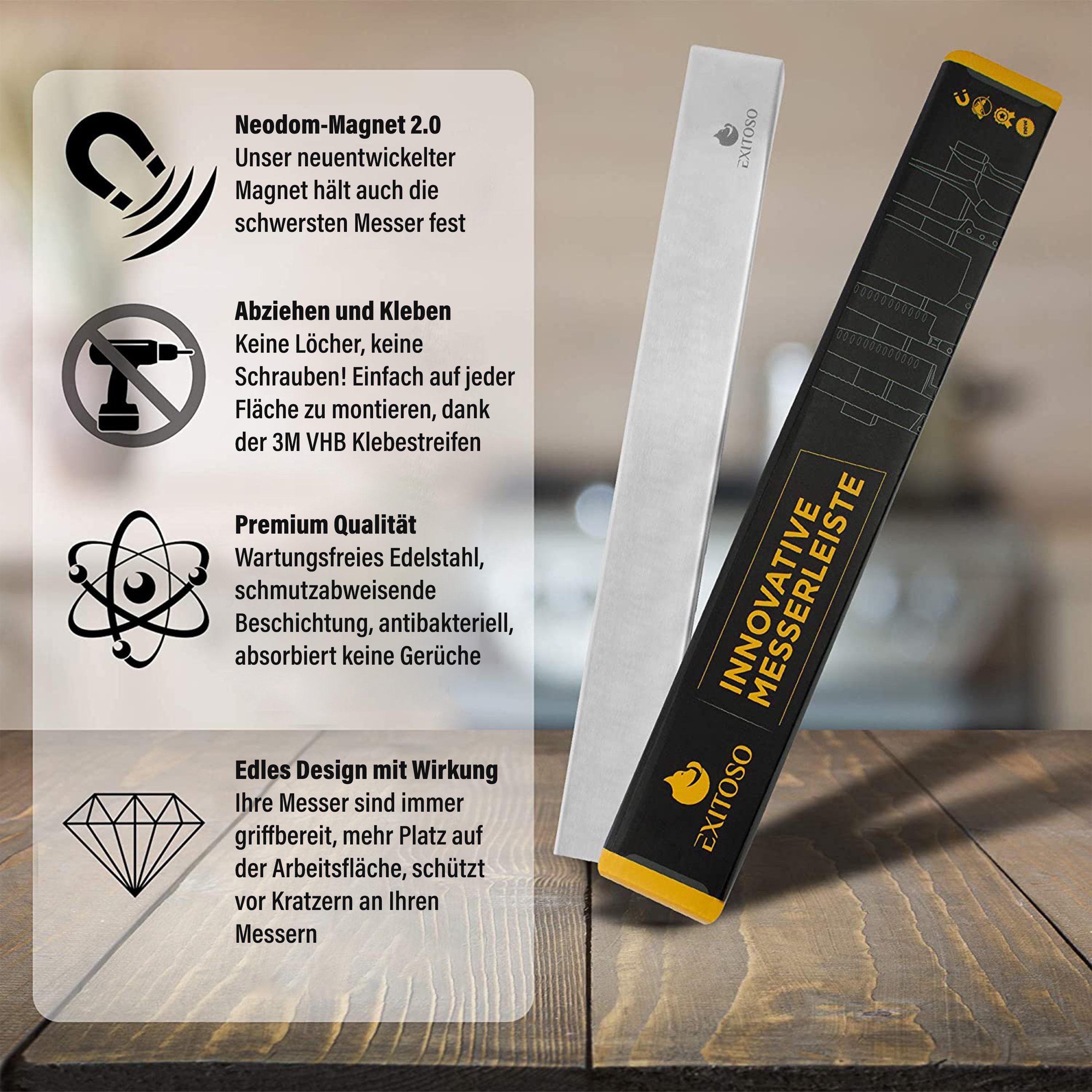 Exitoso Wand-Magnet Messer-Leiste 40 cm selbstklebend, Edelstahl Magnetleiste Messer - OHNE Bohren silber