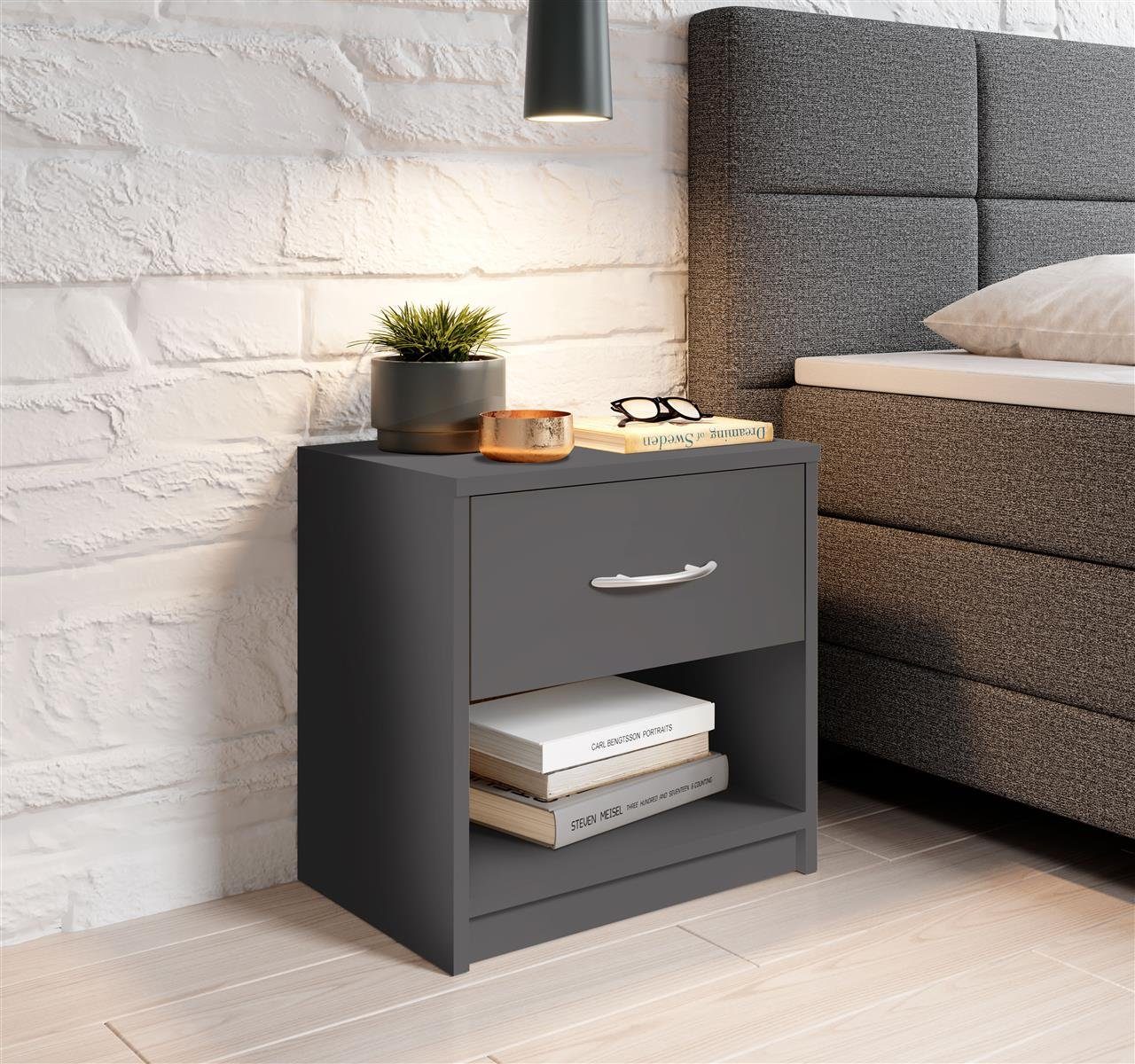 möbelando Nachtkommode Bettine, Nachttisch Graphit - Schlichter Nachtschrank mit einer Schublade passend zu jedem Bett & Schlafzimmer - 39 x 41 x 28 cm (B/H/T)