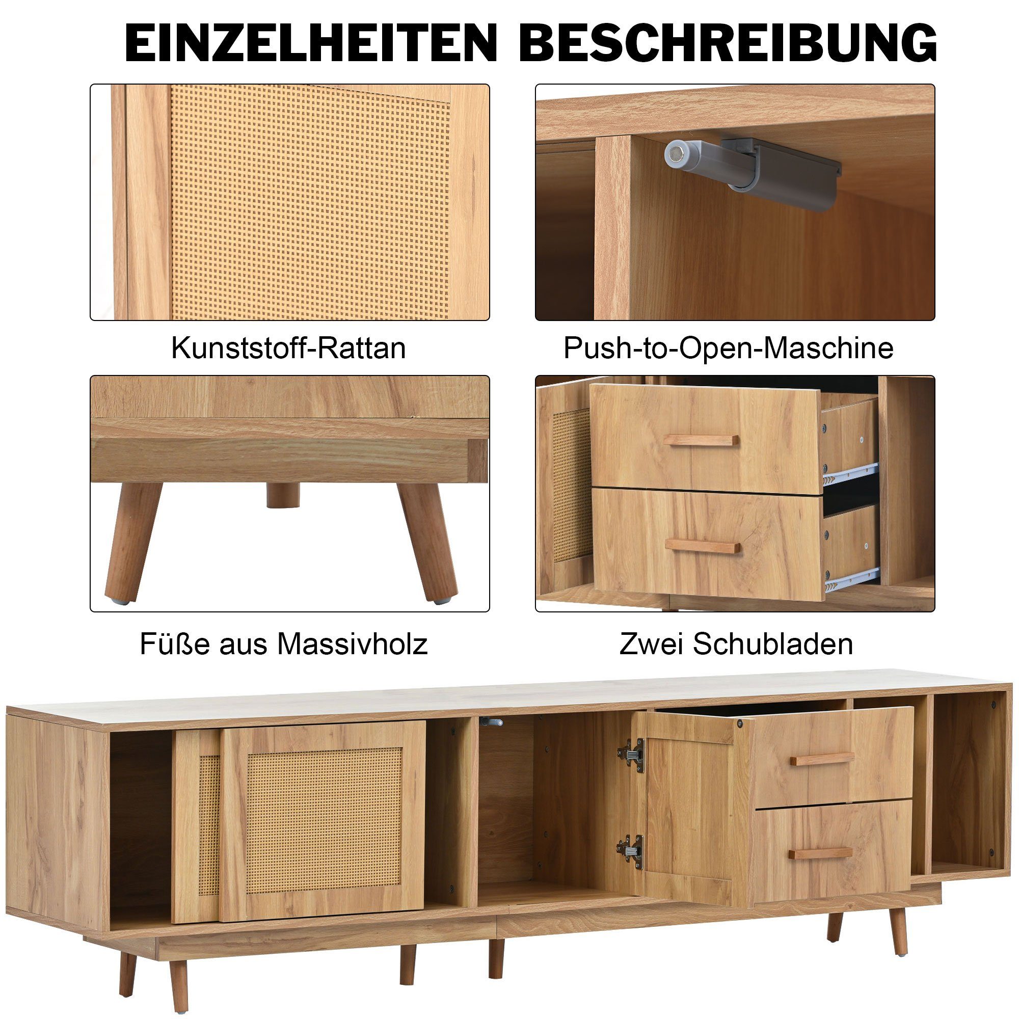 BlingBin TV-Schrank Lowboard TV-Board Rattan-Türdesign Natural Oak Breite 190cm (Mit drei Schränken und zwei Schubladen) Geeignet für Fernsehgeräte bis zu 80 Zoll