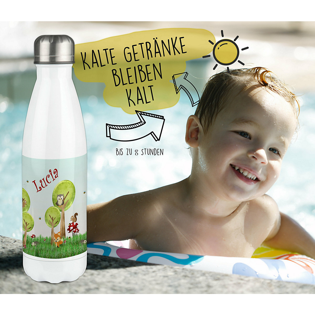 Edelstahl Kinder Thermoflasche / Trinkflasche bunt Waldwiese Spülmaschinenfest, Auslaufsicher, Bruchfest, Doppelwandig, Für Heißgetränke geeignet, Mit Deckel, Isoliert