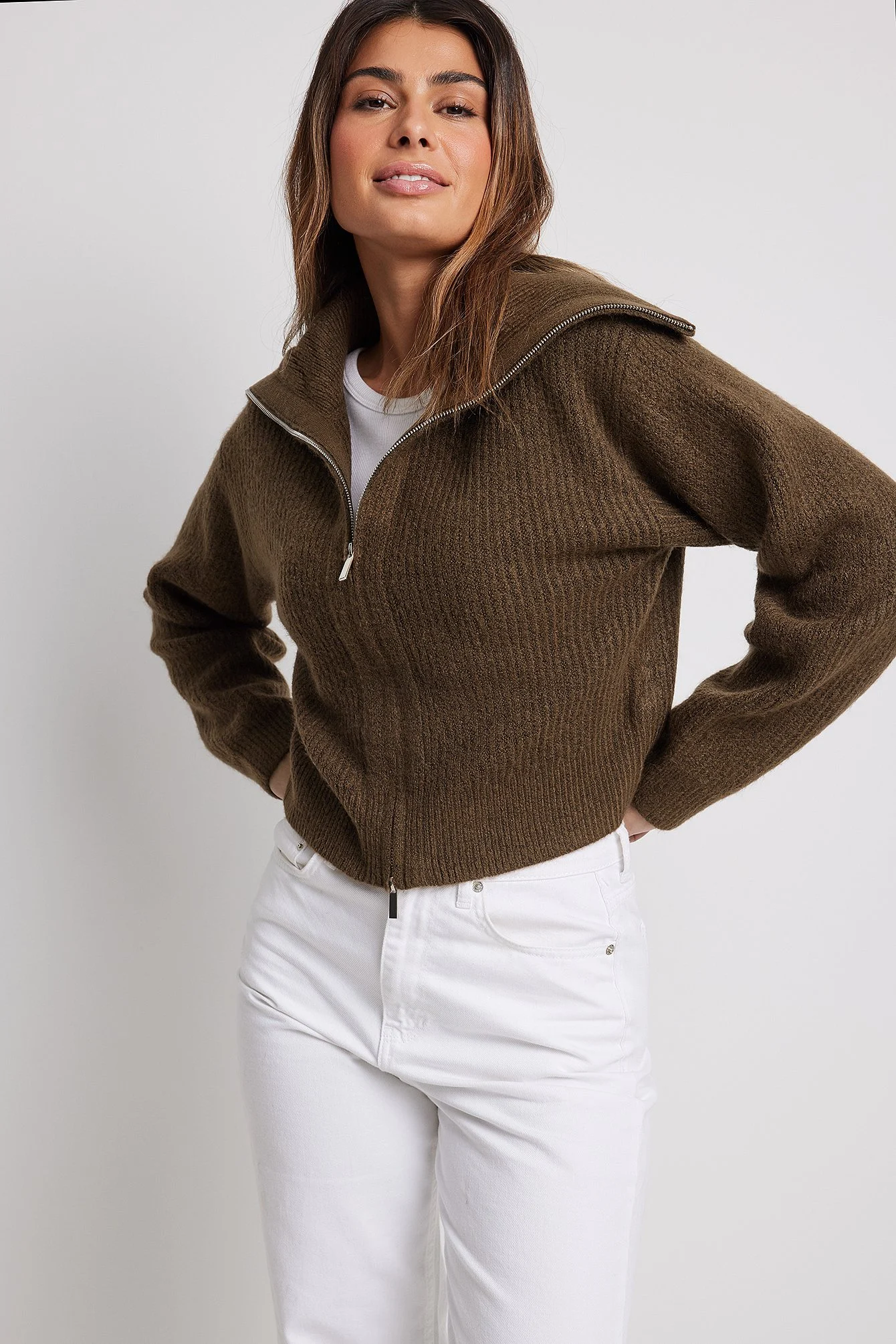 Strick-Cardigan mit Reißverschluss und großem Kragen