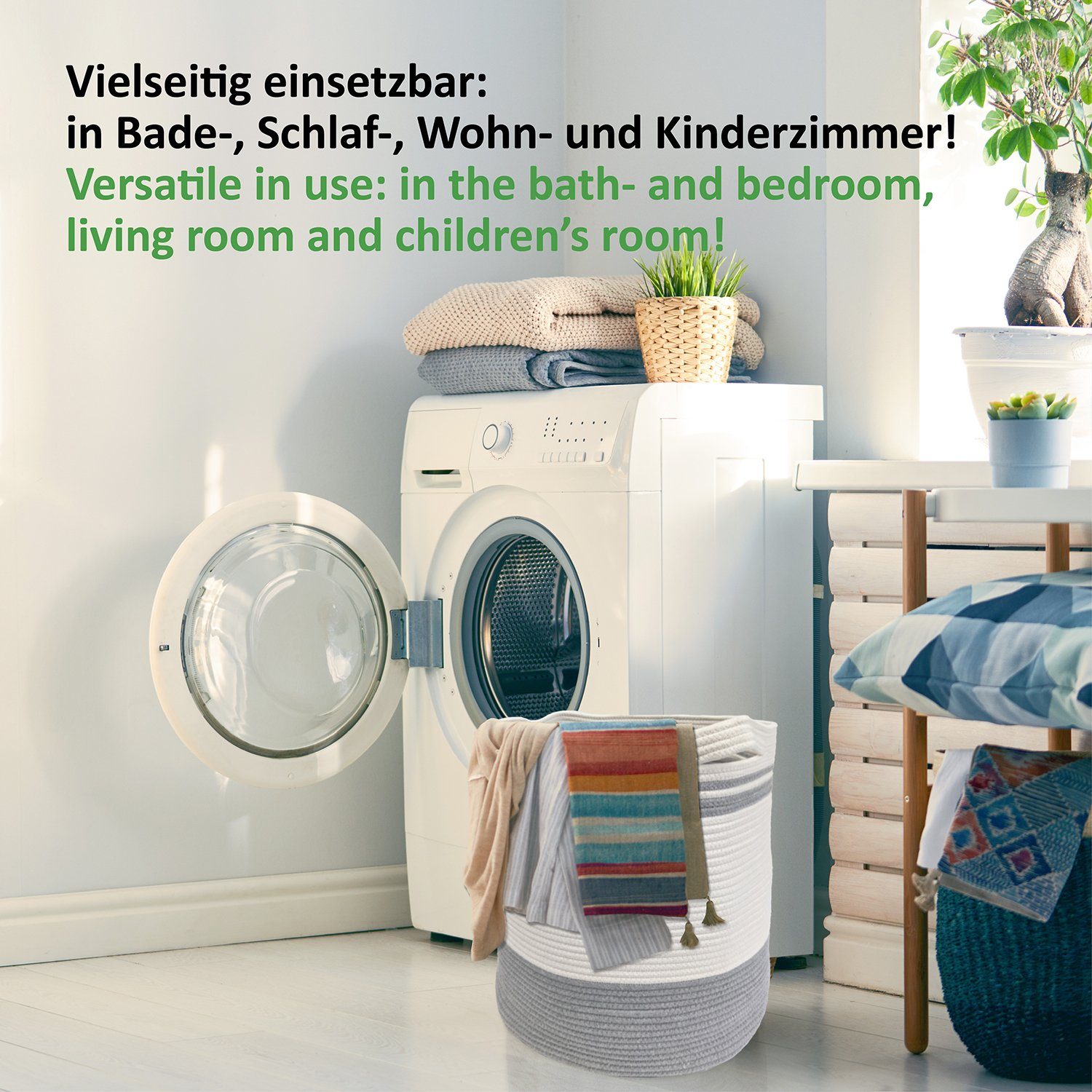 WIESEN.design Wäschekorb Ben Ø41xH46 cm 61L, 100% Baumwolle, Aufbewahrungskorb geflochten, inkl. großem Waschsack und schwerem Wäschesack, gratis Versand