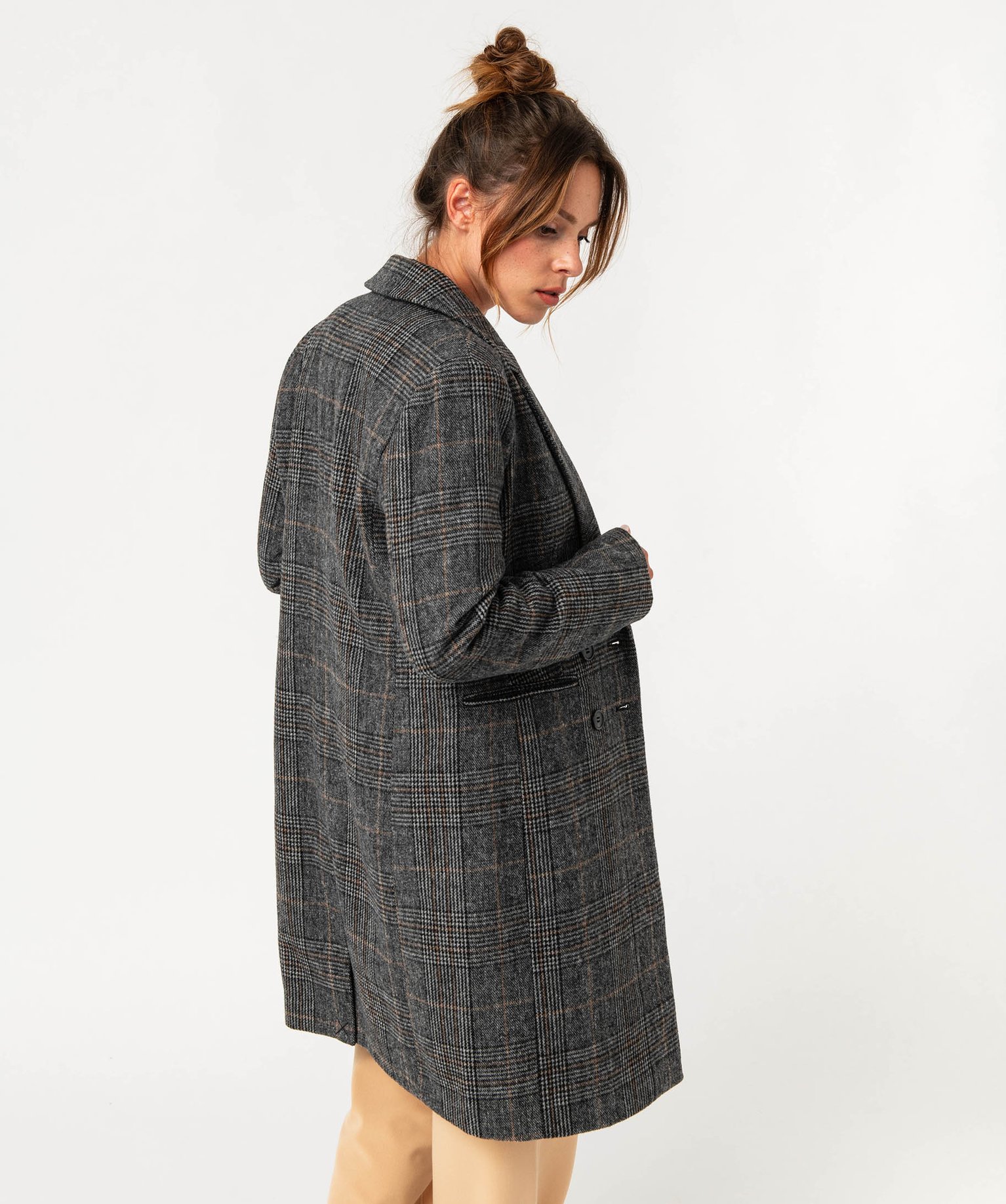 Manteau long droit à double boutonnage femme carreaux | GEMO