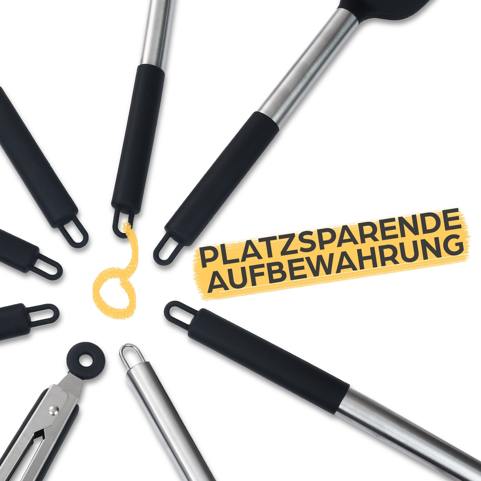 Praknu Kochbesteck-Set - 8 Silikon Küchenhelfer, Edelstahl Kochgeschirr Küchenutensilien (Set, 8-tlg), Küchen Accessoires Zubehör Haushalt Set & Halterung / Aufhängeschlaufe