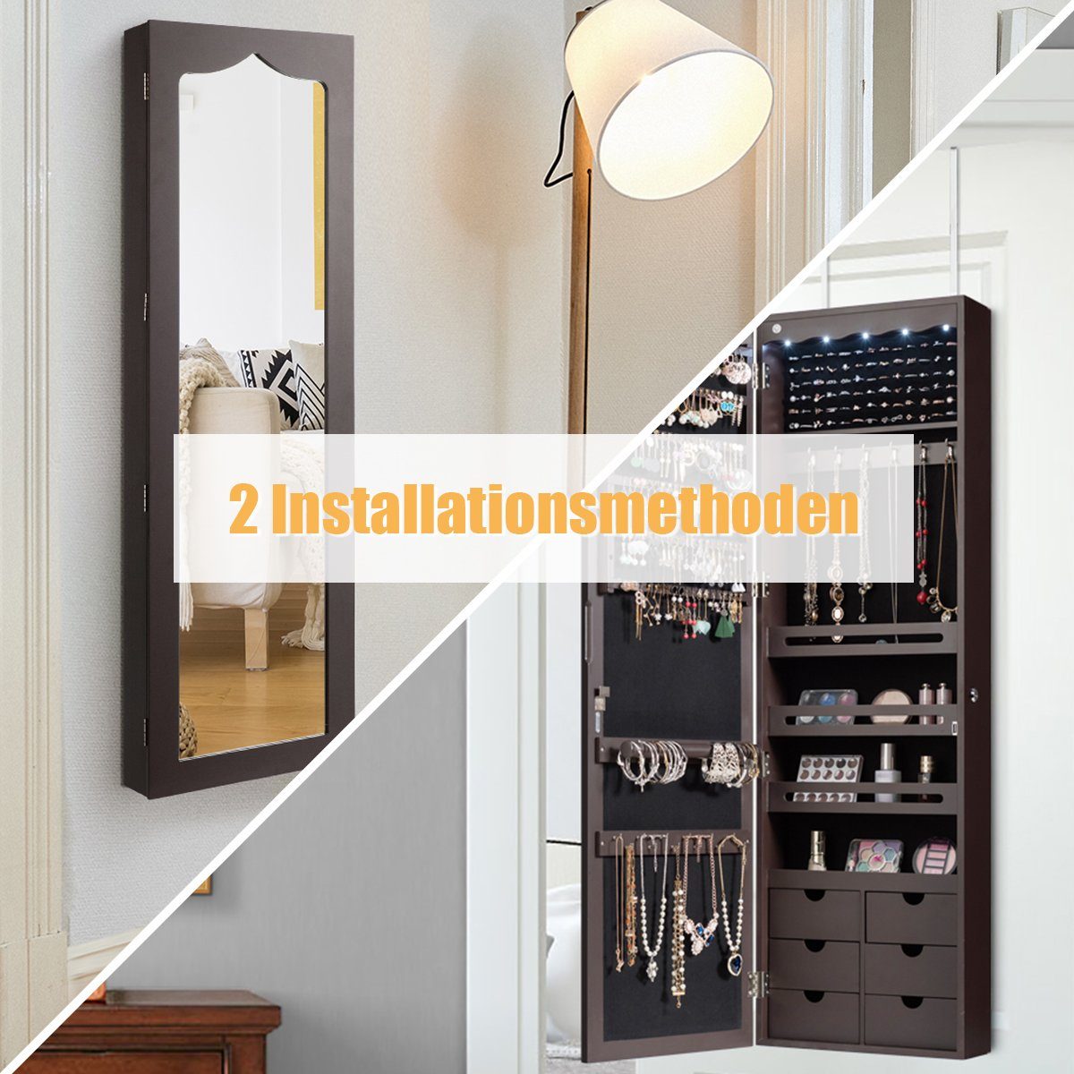 COSTWAY Schmuckschrank mit LED & Ganzkörperspiegel, für Tür und Wand