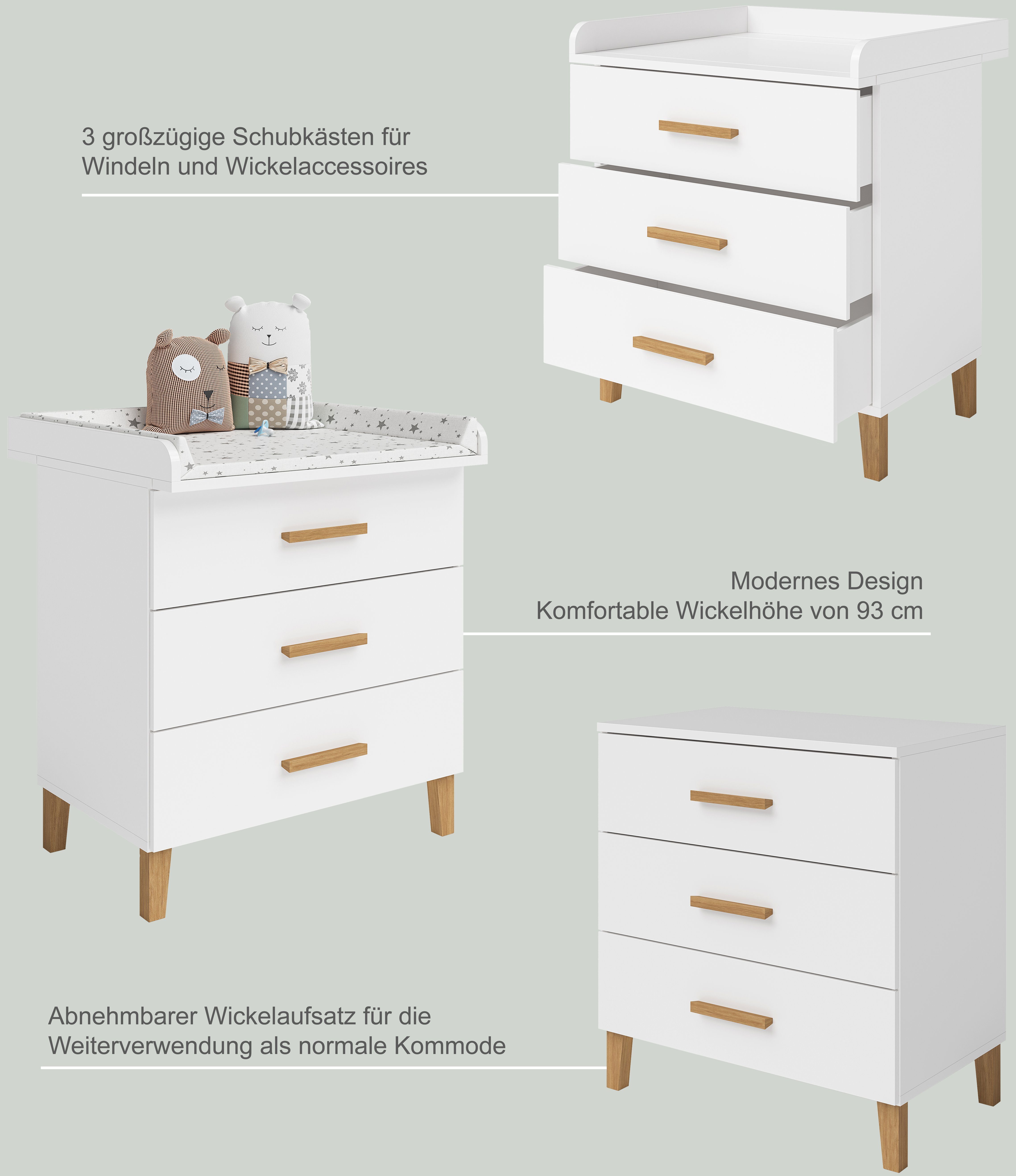Bellabino Wickelkommode Liri, mit abnehmbaren Wickelaufsatz, 3 Schubladen, weiß/natur
