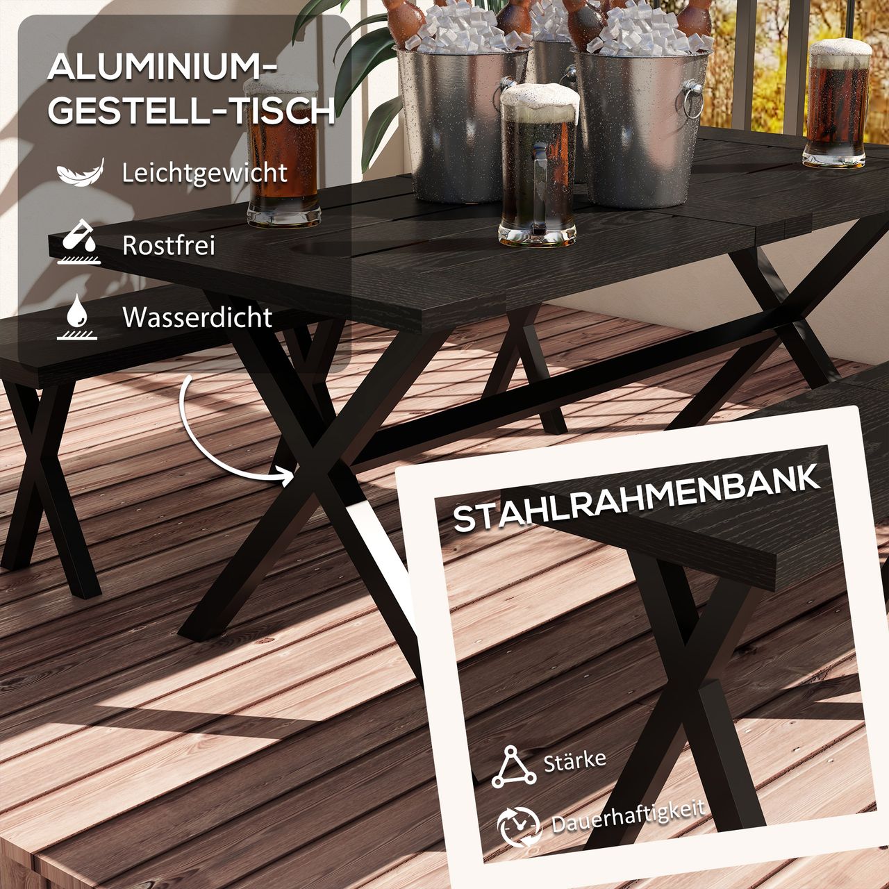 Outsunny Bierzeltgarnitur, 3-teilige Festzeltgarnitur mit Tisch und 2 Bänken