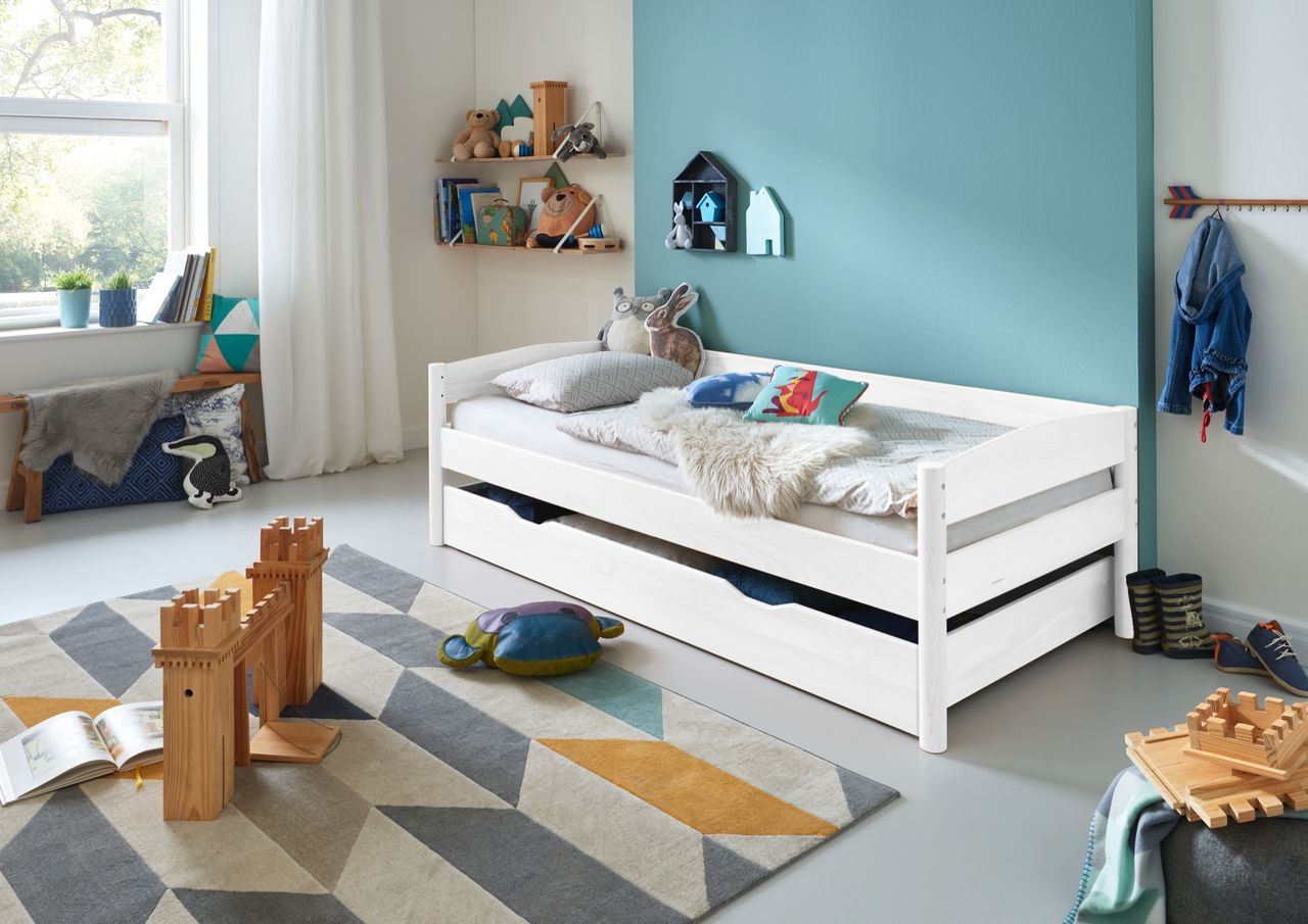 Relita Einzelbett MICHELLE 90x200 cm Buche mit Bettschublade, massiv weiß lackiert