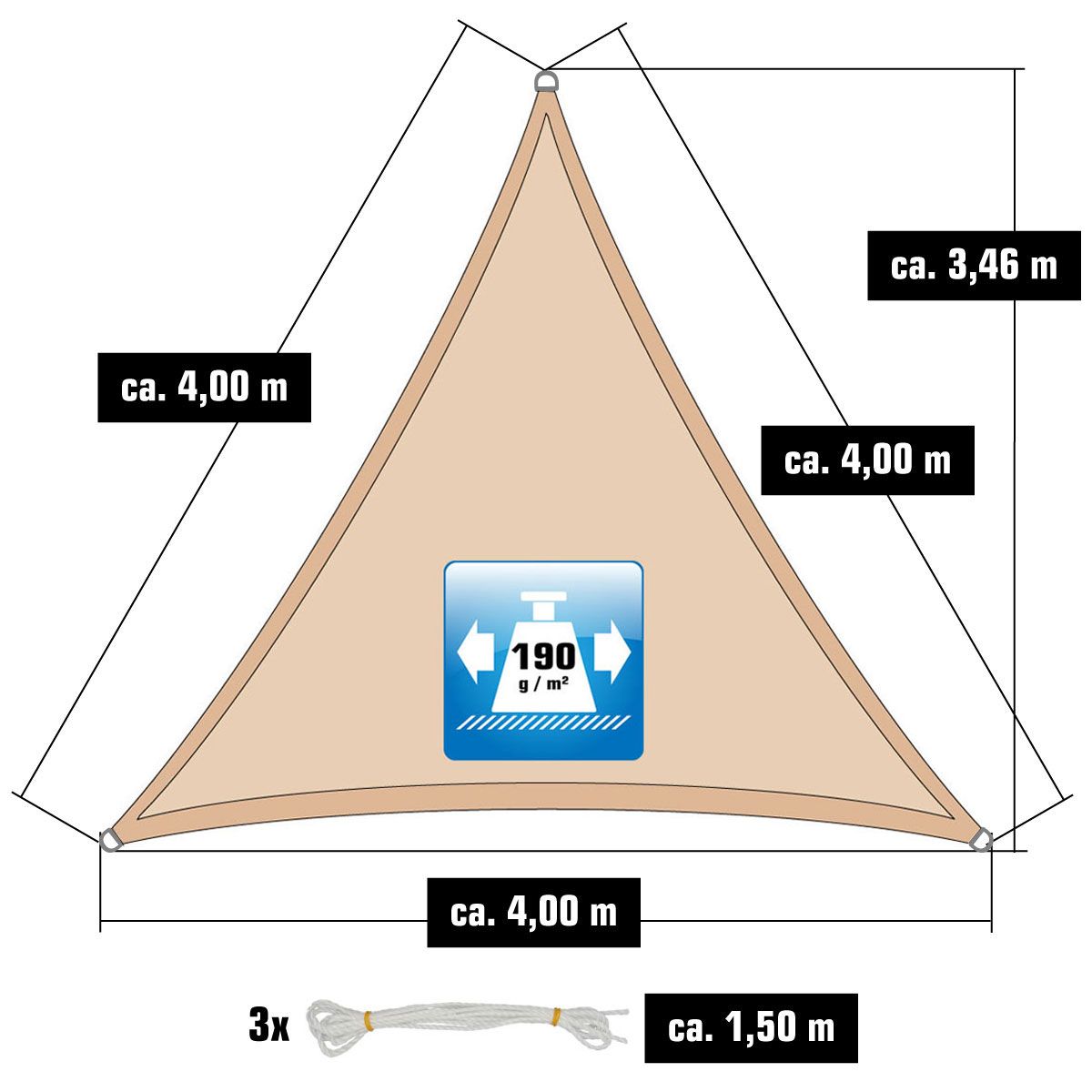 AMANKA 4 x 4 x 4 Wasserdichtes Sonnensegel mit Befestigung