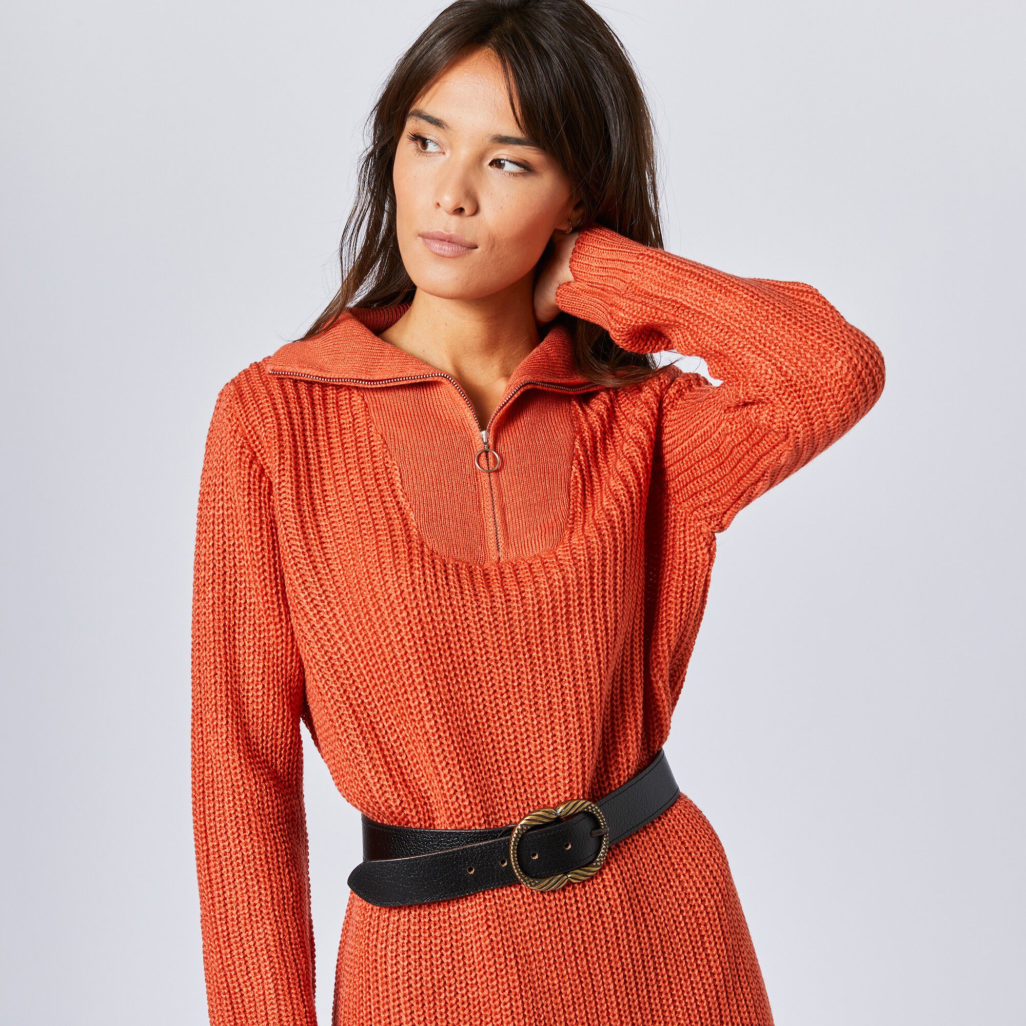 Robe pull col zippé, maille anglaise