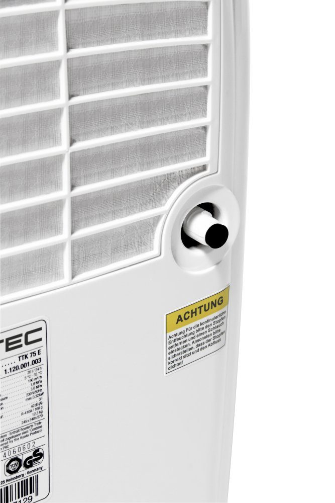 TROTEC Luftentfeuchter TTK 75 E, für 110 m³ Räume, Entfeuchtung 20,00 l/Tag, Tank 3,00 l, Entfeuchtungsautomatik mit Zielwertvorwahl zwischen 30 und 90 % r.F.