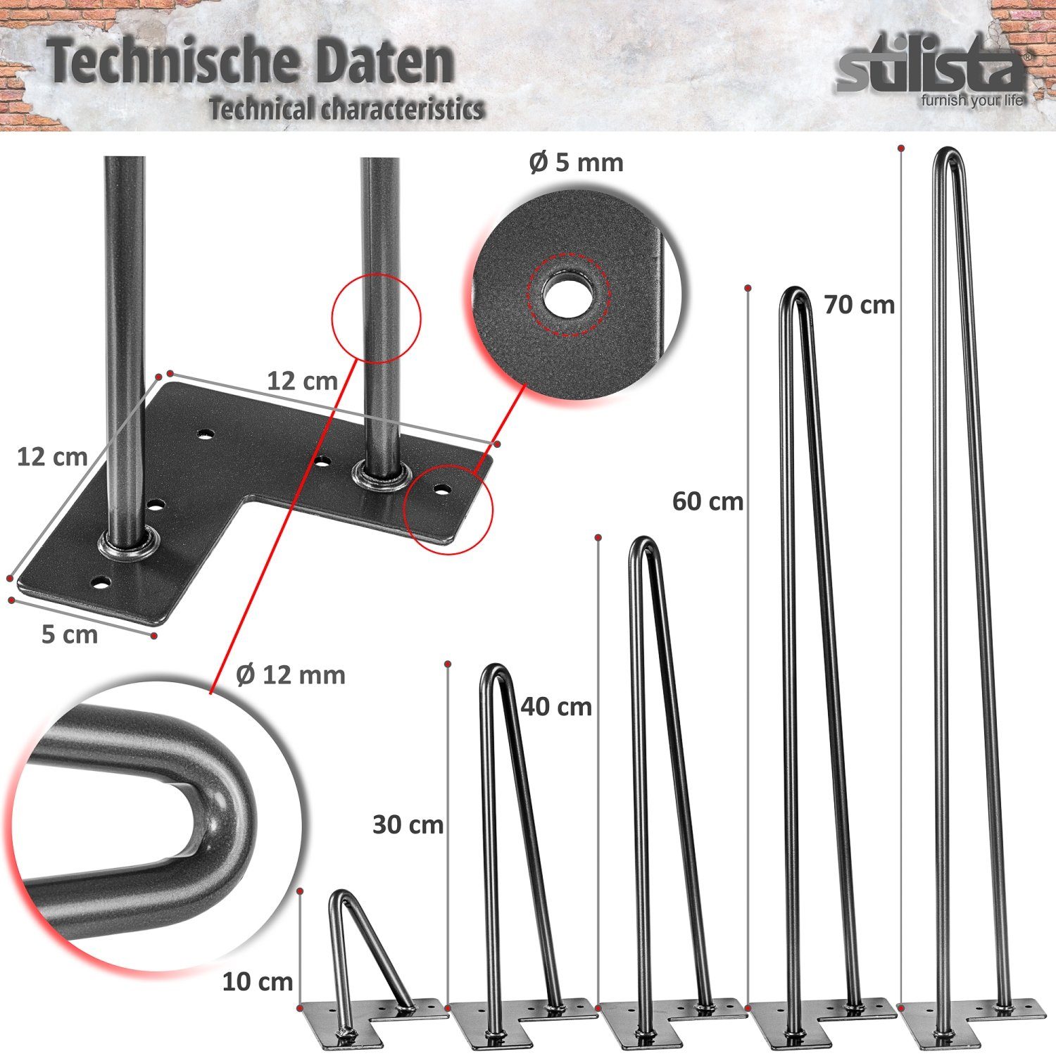 STILISTA Möbelfuß Hairpin Legs Haarnadelbeine Tischbeine Möbelbeine, (Satz, 4 Stk), DIY, 2 Streben, Industriedesign, Farb- und Größenwahl