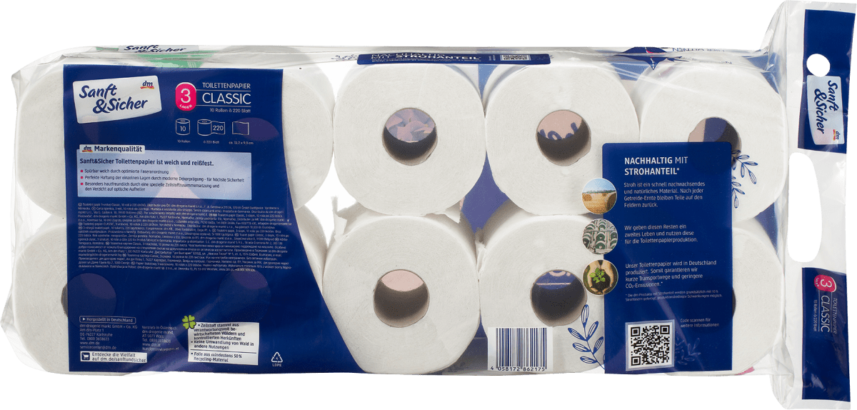 Toilettenpapier Stroh Classic 3-lagig (10x220 Blatt), 10 St