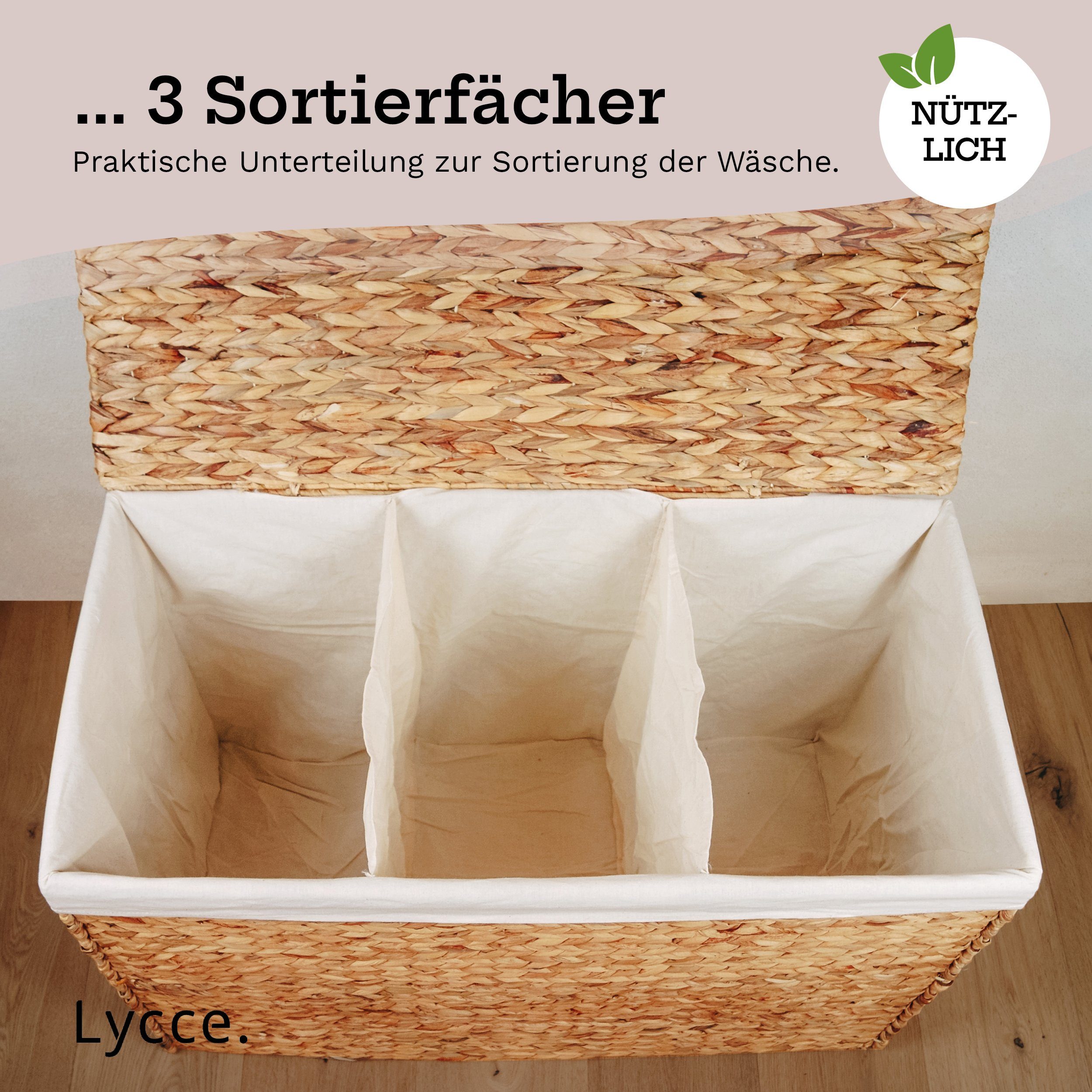 animal-design Wäschetruhe, Wäschekorb 3 Fächer 150 l Wäschesortierer Wasserhyazinthe natur