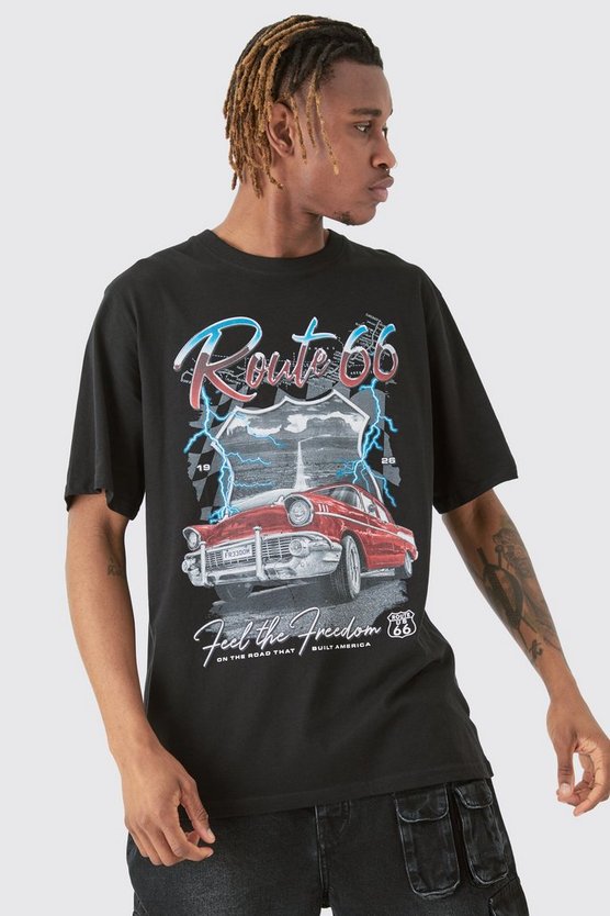 Tall schwarzes Racer T-Shirt mit Route 66 Print