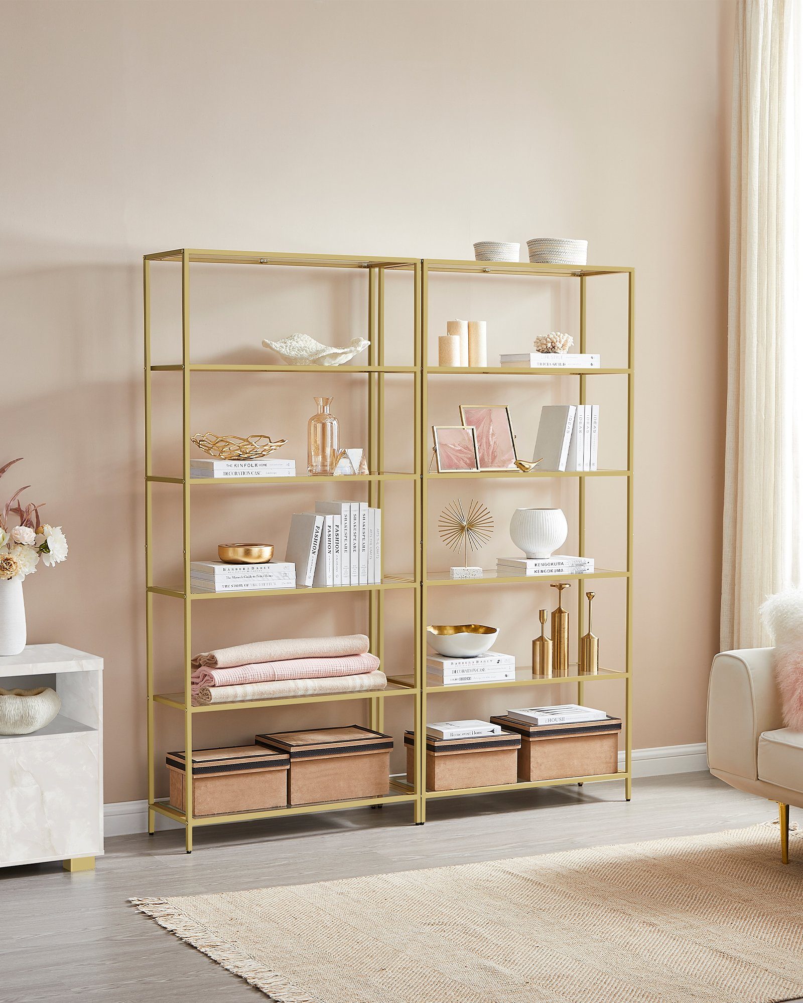 VASAGLE Standregal Regal mit 6 Ablagen, Badregal, gehärtetes Glas