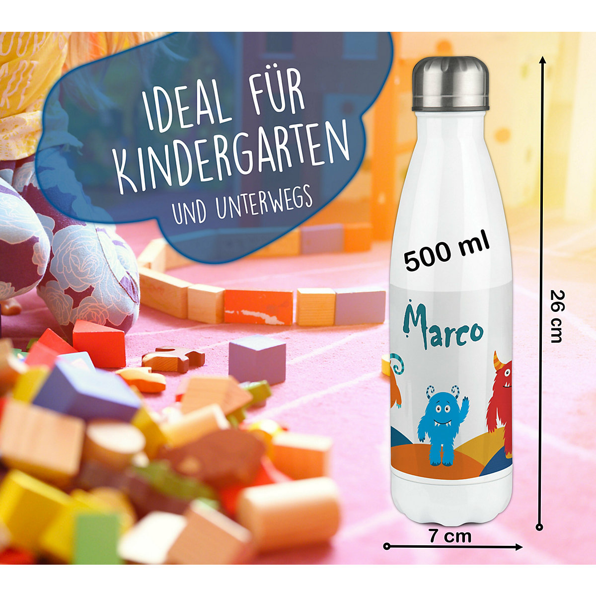 Edelstahl Kinder Thermoflasche / Trinkflasche bunt Monsterhügel Spülmaschinenfest, Auslaufsicher, Bruchfest, Doppelwandig, Für Heißgetränke geeignet, Mit Deckel, Isoliert