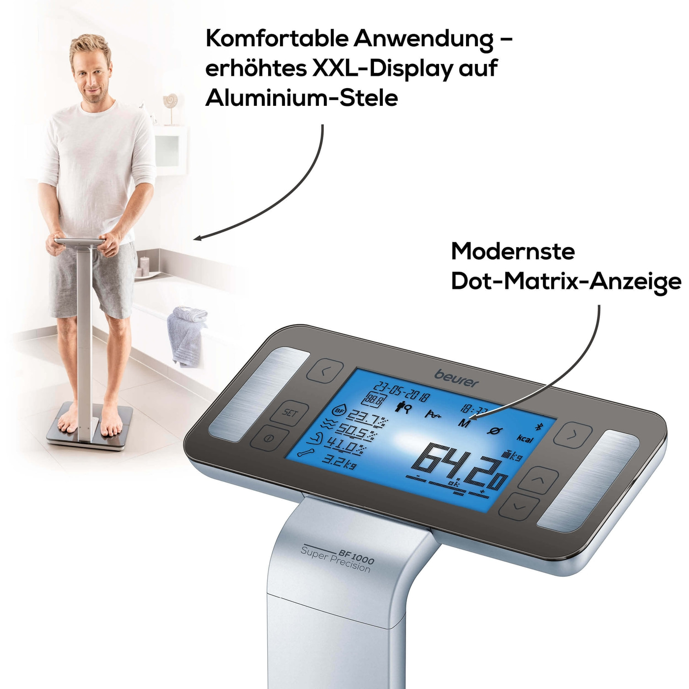 Beurer Diagnosewaage BF 1000 Super Precision-Säulenwaage mit Körperanalyse, Überkreuzmessung & App-Anbindung - bis 200 kg