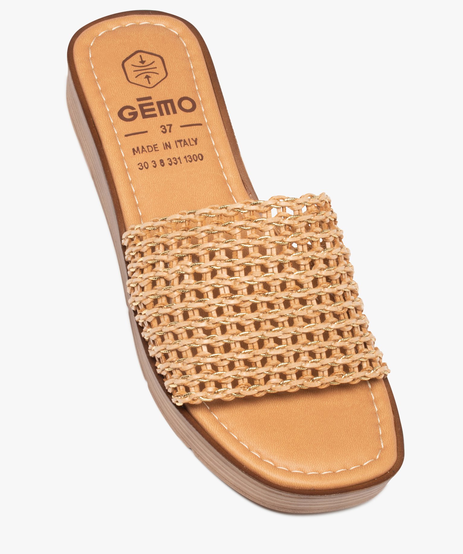 Mules femme à talon plat avec bandeau tressé irisé camel | GEMO