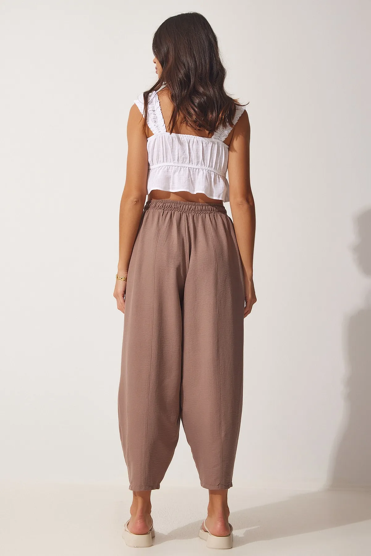 Happiness İstanbul  Nerzfarbene Shalwar-Hose aus Leinen-Viskose mit Taschen für Damen CV00001