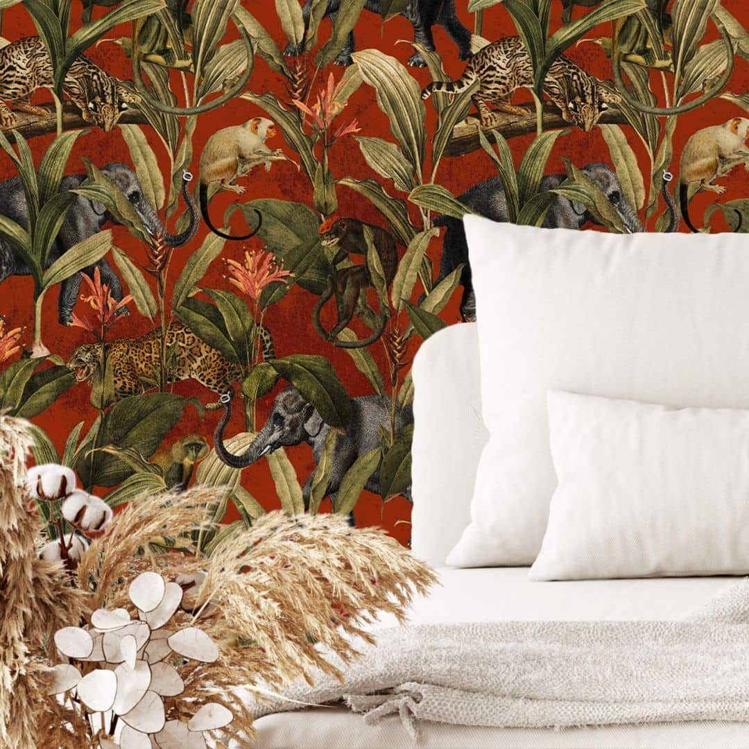 K&L Wall Art Mustertapete Vintage Afrika Dschungel Elefant Affe Leopard Vliestapete Kinderzimmer, Safari Tapete