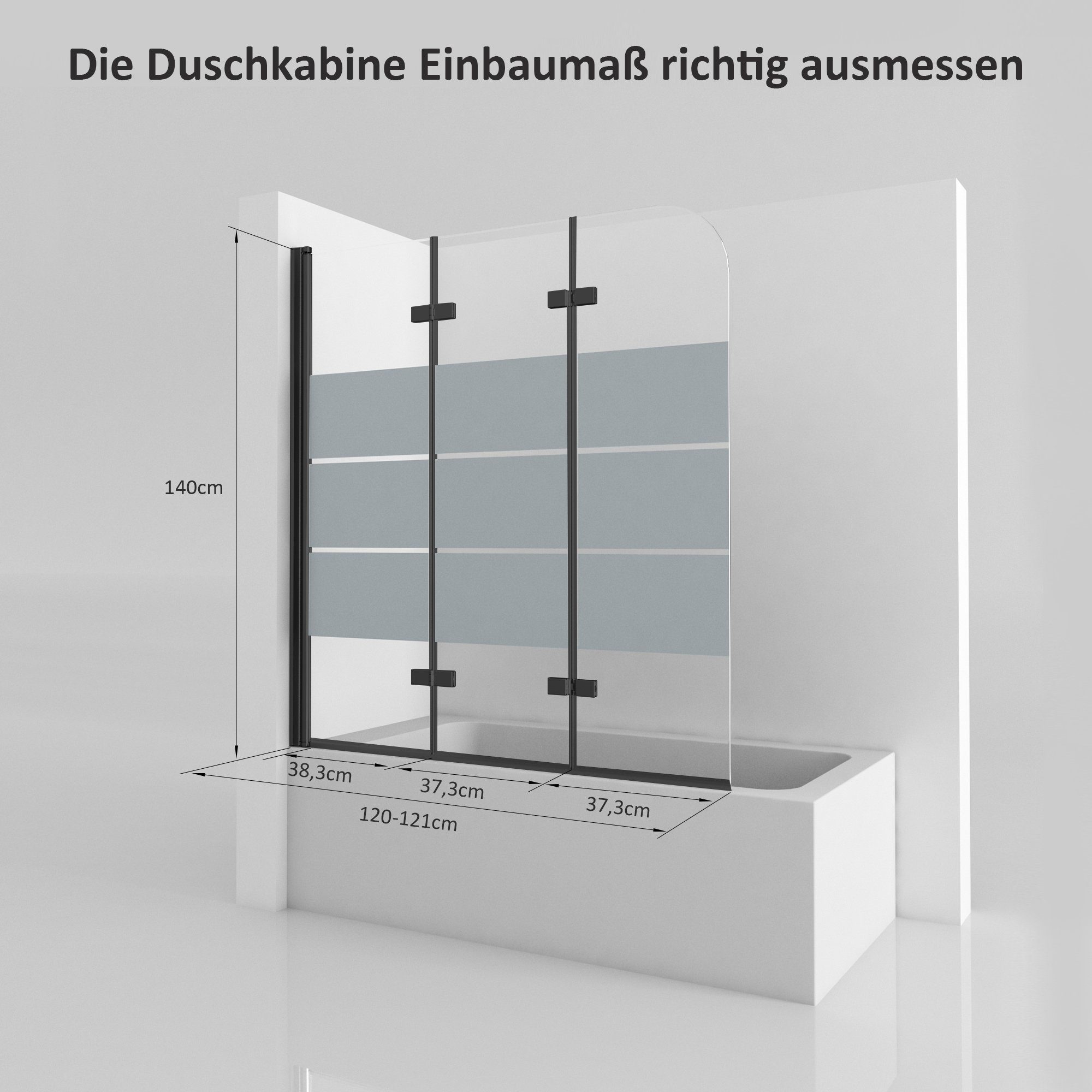 Boromal Badewannenaufsatz 3 teilig Schwarz Faltbar Duschwand Badewanne Glaswand Duschtrennwand, Sicherheitsglas, (Badewannenabtrennung 3-teilig mit Milchglas Streifen), 5mm ESG Glas, Badewannenfaltwand