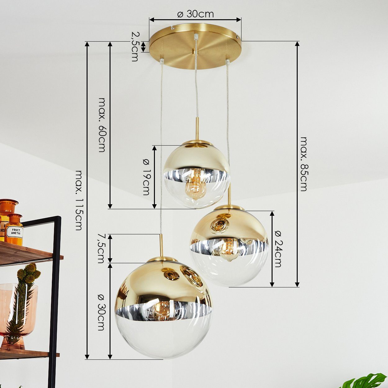 hofstein Hängeleuchte Arola 3-flammige Deckenlampe aus Metall in Gold, ohne Leuchtmittel, Moderner Look Pendellampe mit Glasschirm in Gold. 1xE27