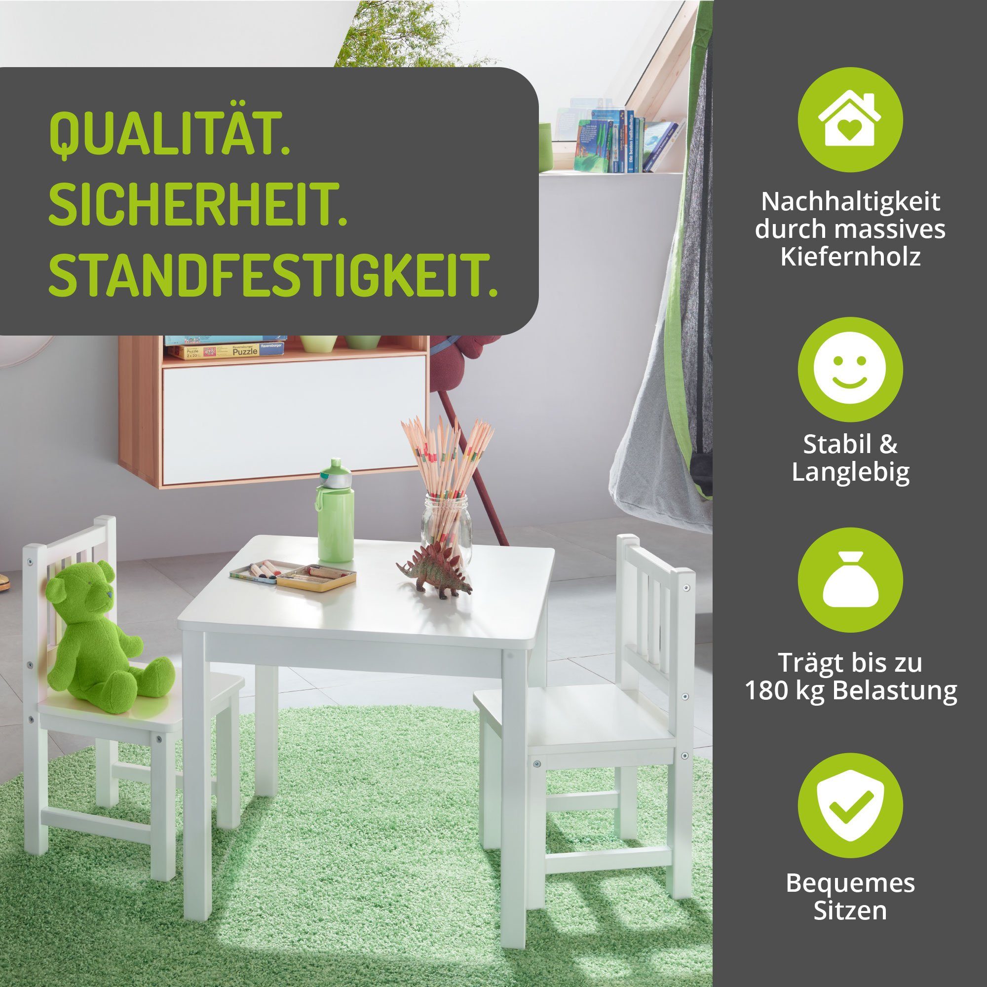 BOMI Kindersitzgruppe Holzsitzgruppe Amy, (3-tlg), Kindertischgruppe aus Holz (Tisch und 2 Stühle, 3-tlg)