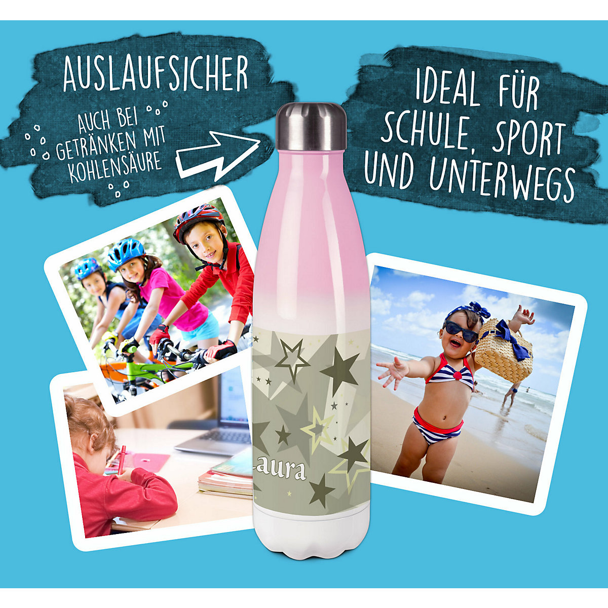 Edelstahl Kinder Thermoflasche / Trinkflasche bunt Sternenhimmel Farbe grau beige Spülmaschinenfest, Auslaufsicher, Bruchfest, Doppelwandig, Für Heißgetränke geeignet, Mit Deckel, Isoliert