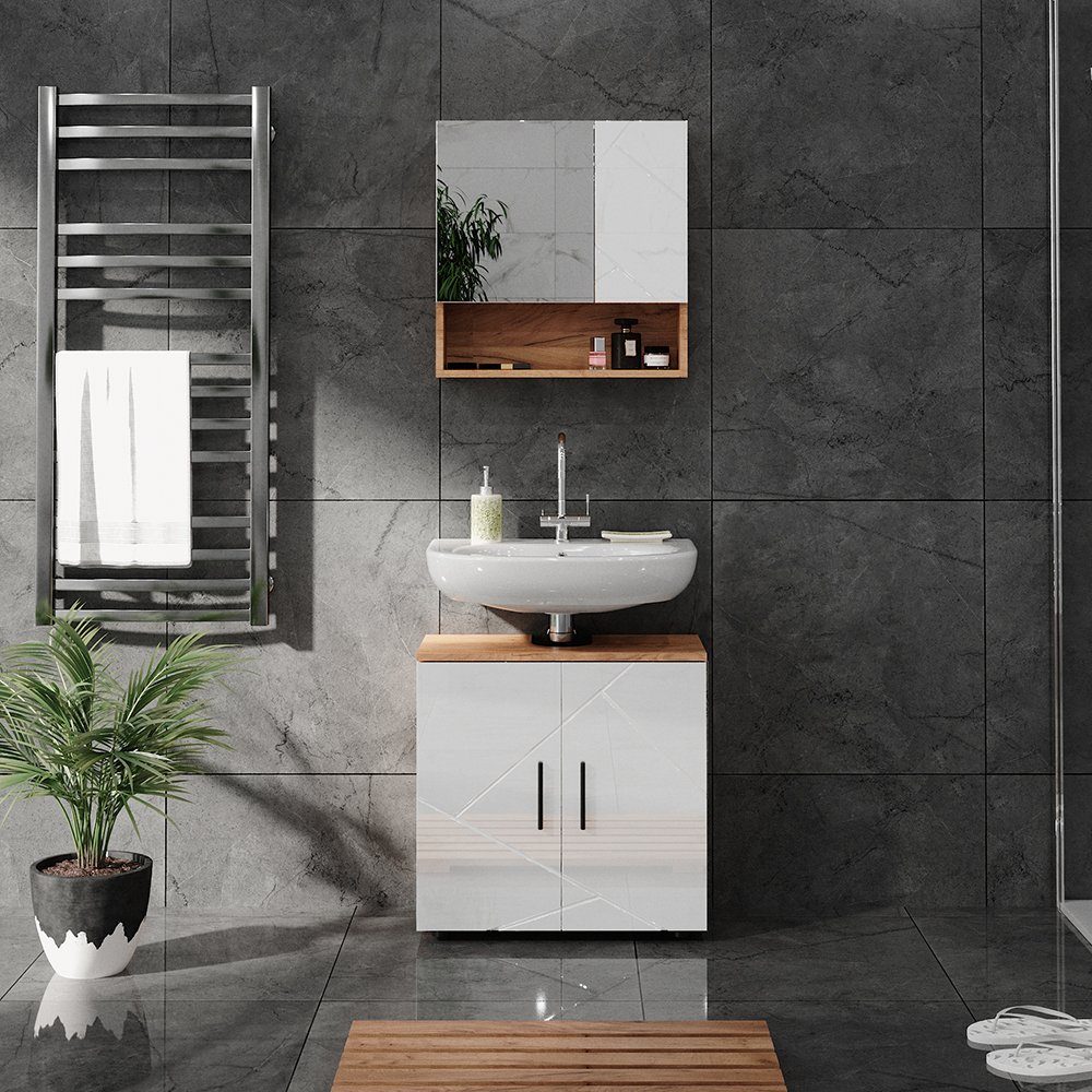 Vicco Badmöbel-Set Badezimmerschrank-Set IRMA Goldkraft-Eiche/Weiß Hochglanz, (2-St., 2-er Set)