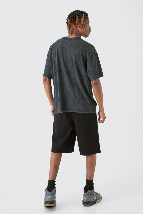 Tall zerrissenes Oversize T-Shirt mit Acid-Waschung und Metallic-Print