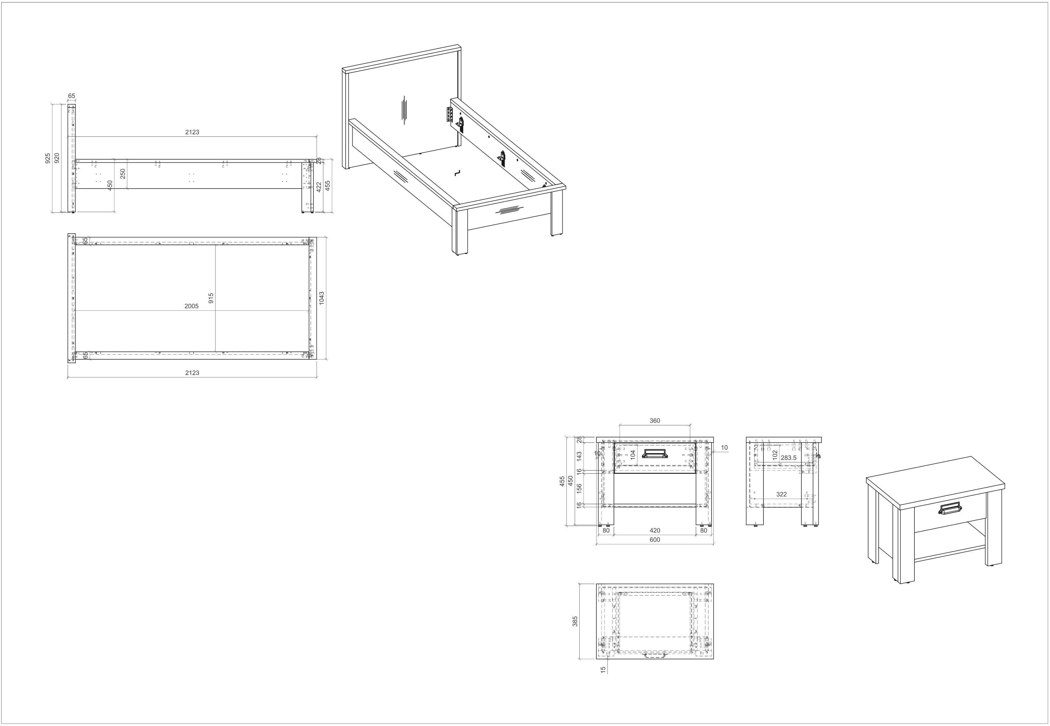 Home affaire Bettanlage SHERWOOD, (2-St), Liegefläche Bett 90x200cm, Nachttisch mit 1 Schublade