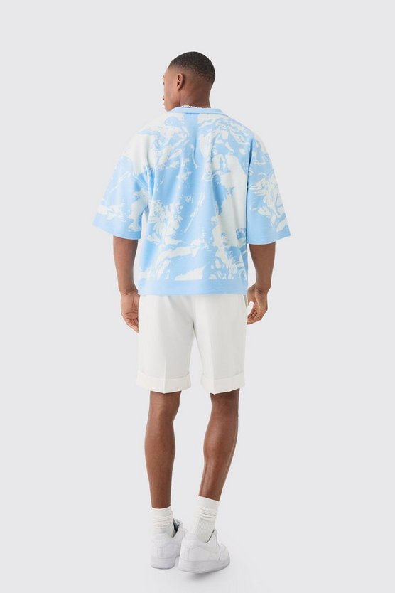 Kastiges Oversize Strick-Poloshirt mit Renaissance-Print