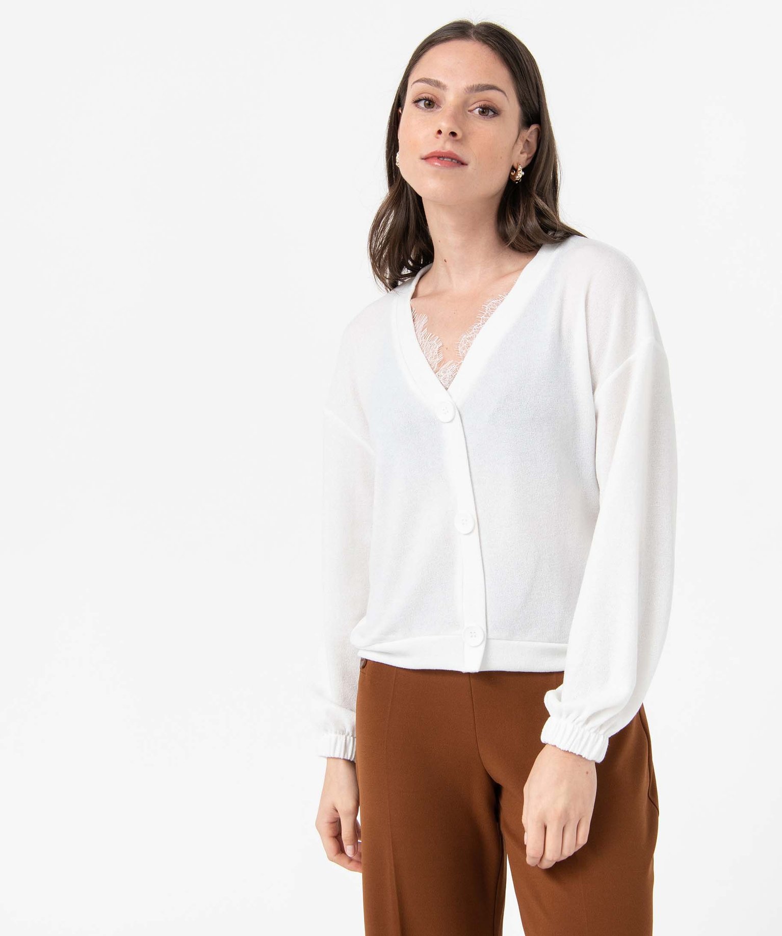 Pull femme à col V en maille pailletée ecru | GEMO