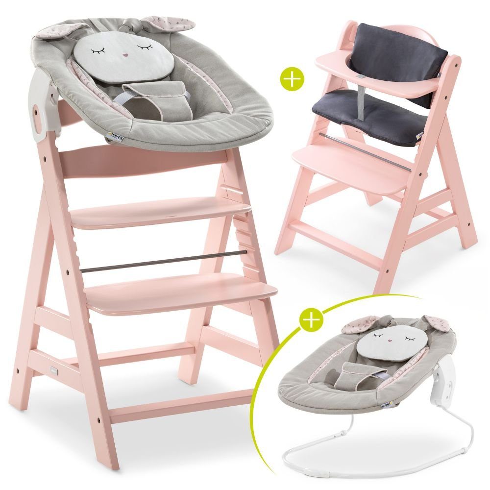 Hauck Hochstuhl Alpha Plus Rose Newborn Set Powder Bunny (Set, 4 St), Holz Babystuhl ab Geburt inkl. Aufsatz für Neugeborene & Sitzauflage
