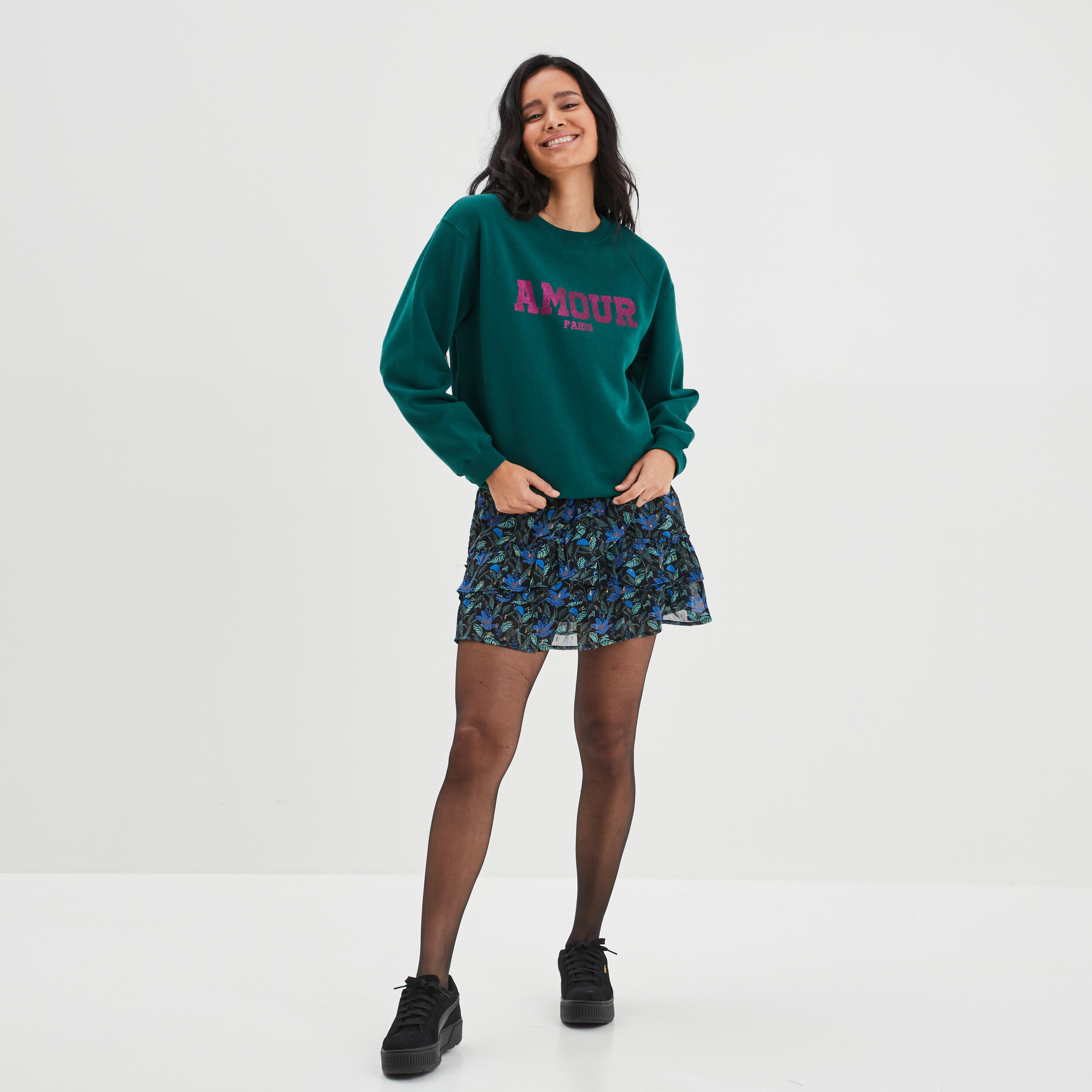Jupe patineuse à volants vert femme | La Halle