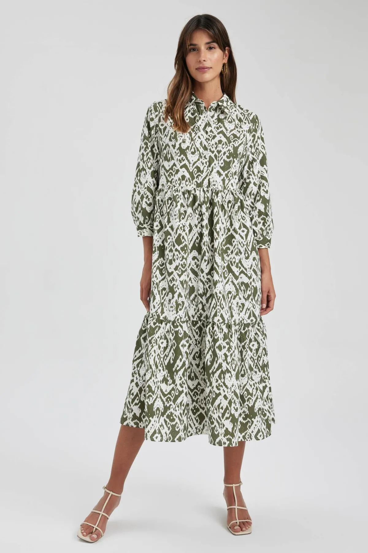 DeFacto  Gemustertes Maxi-Halbarmkleid aus Frottee-Baumwolle mit Hemdkragen Z9109az23sp