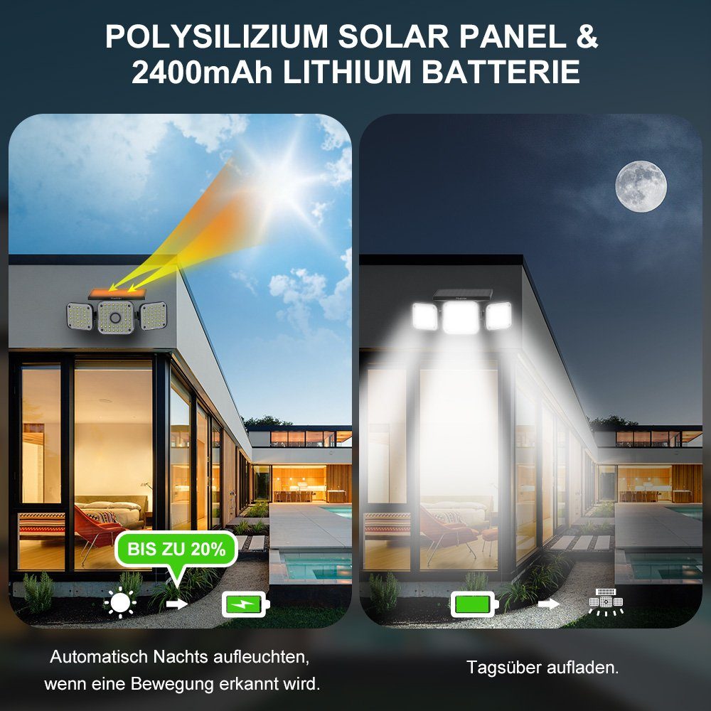 Mustwin LED Solarleuchte Solarleuchte LED Solarlampe Fluter für Außen Garten 3-Kopf / 4-Kopf, LED fest integriert, Kaltweiß, 112 LEDs Außen Wandleuchte, mit Bewegungsmelder, 3 Modi