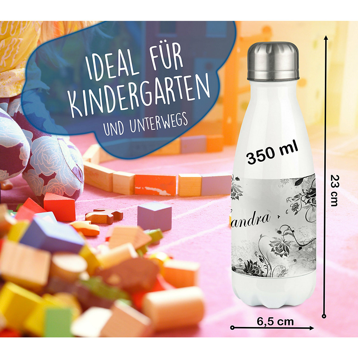Edelstahl Kinder Thermoflasche / Trinkflasche bunt Blumenranke Farbe schwarz weiß Spülmaschinenfest, Auslaufsicher, Bruchfest, Doppelwandig, Für Heißgetränke geeignet, Mit Deckel, Isoliert