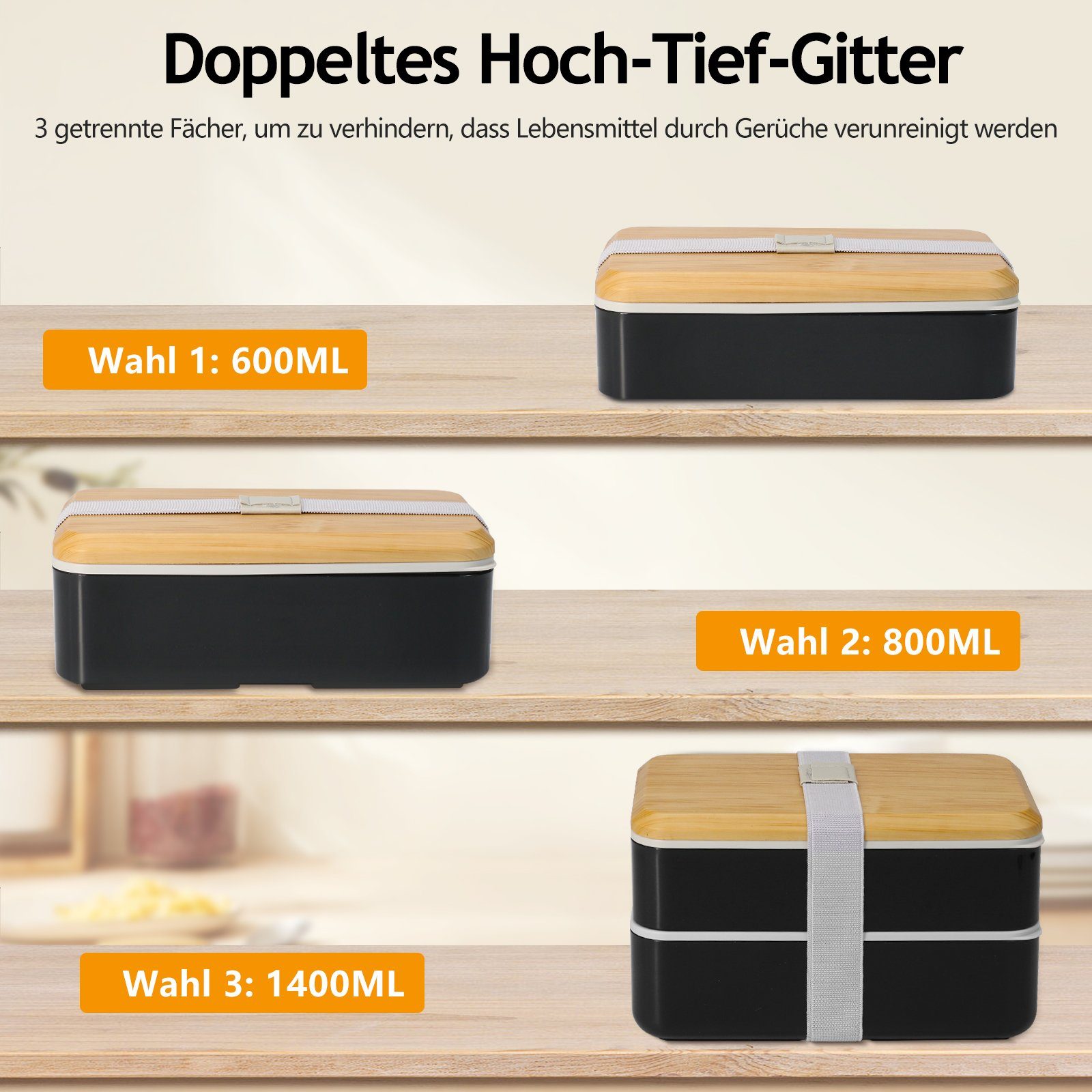MDHAND Lunchbox 1400ml Brotdose mit Fächern für Kinder/Erwachsene, Kunststoff, (1-tlg), Mahlzeiten Brotdose mikrowellengeeignet