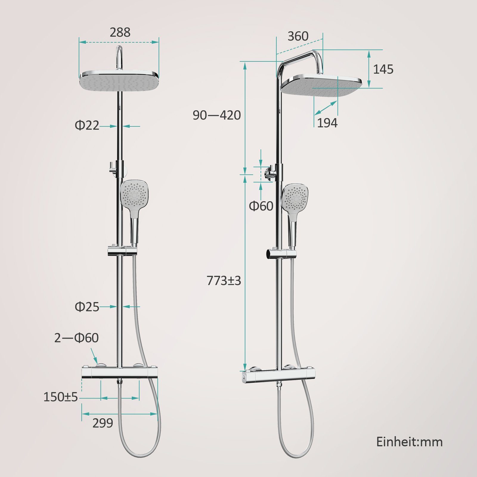 EMKE Duschsystem Duschset mit Theramostat Regendusche Handbrause, 3 Strahlart(en), 38℃ Thermostat Duschsäuleset, Quadratisch, Chrom