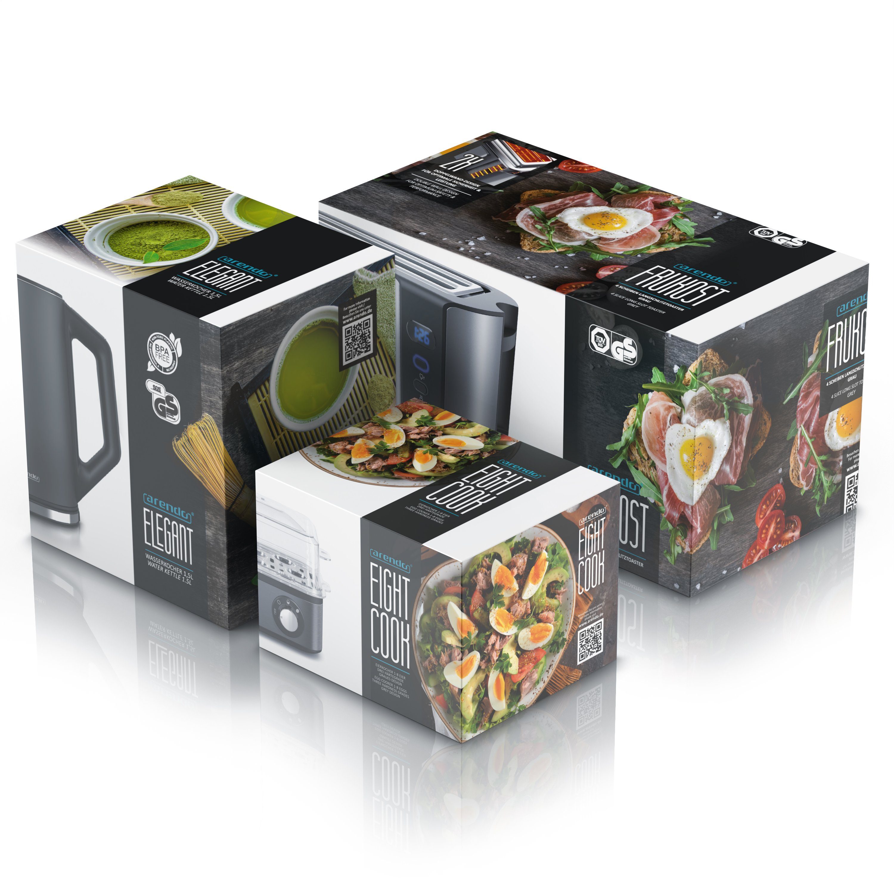 Arendo Frühstücks-Set (3-tlg), Wasserkocher 1,5l, 4-Scheiben Toaster, 8er Eierkocher, Grau