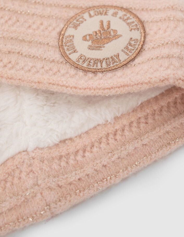 Snood rose tricot fantaisie lurex badge bronze fille
