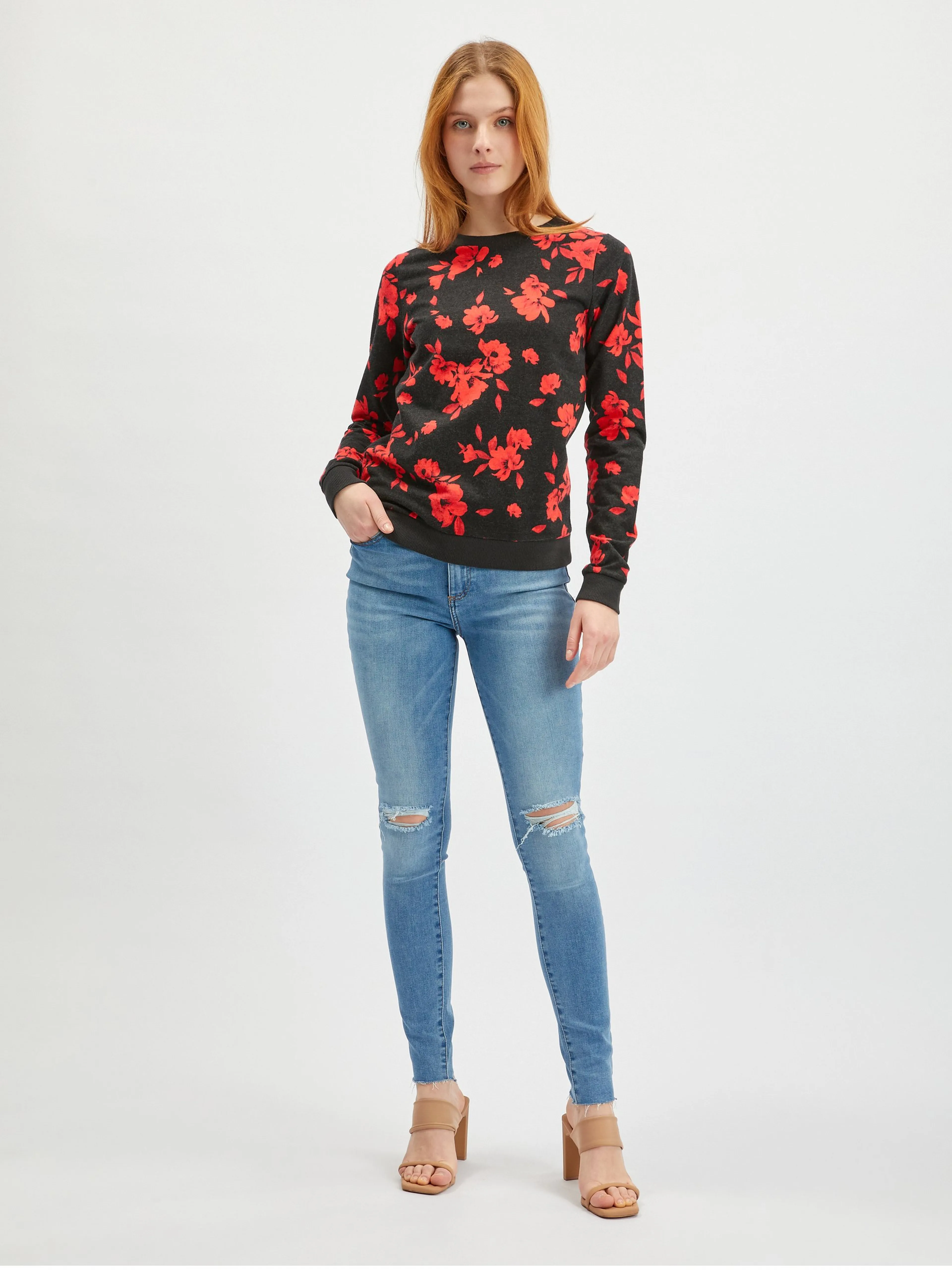 Rot-schwarzes geblümtes Damen-Sweatshirt ORSAY