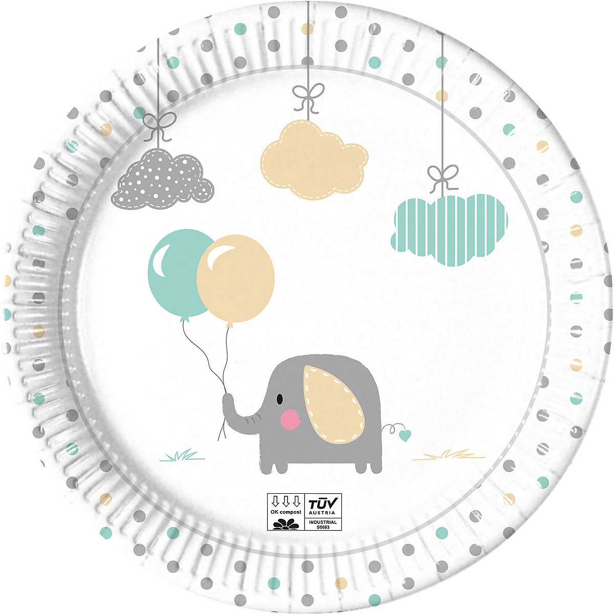 Papp-Partyteller Baby Elefant, Ø 23 cm, 8 Stück, kompostierbar