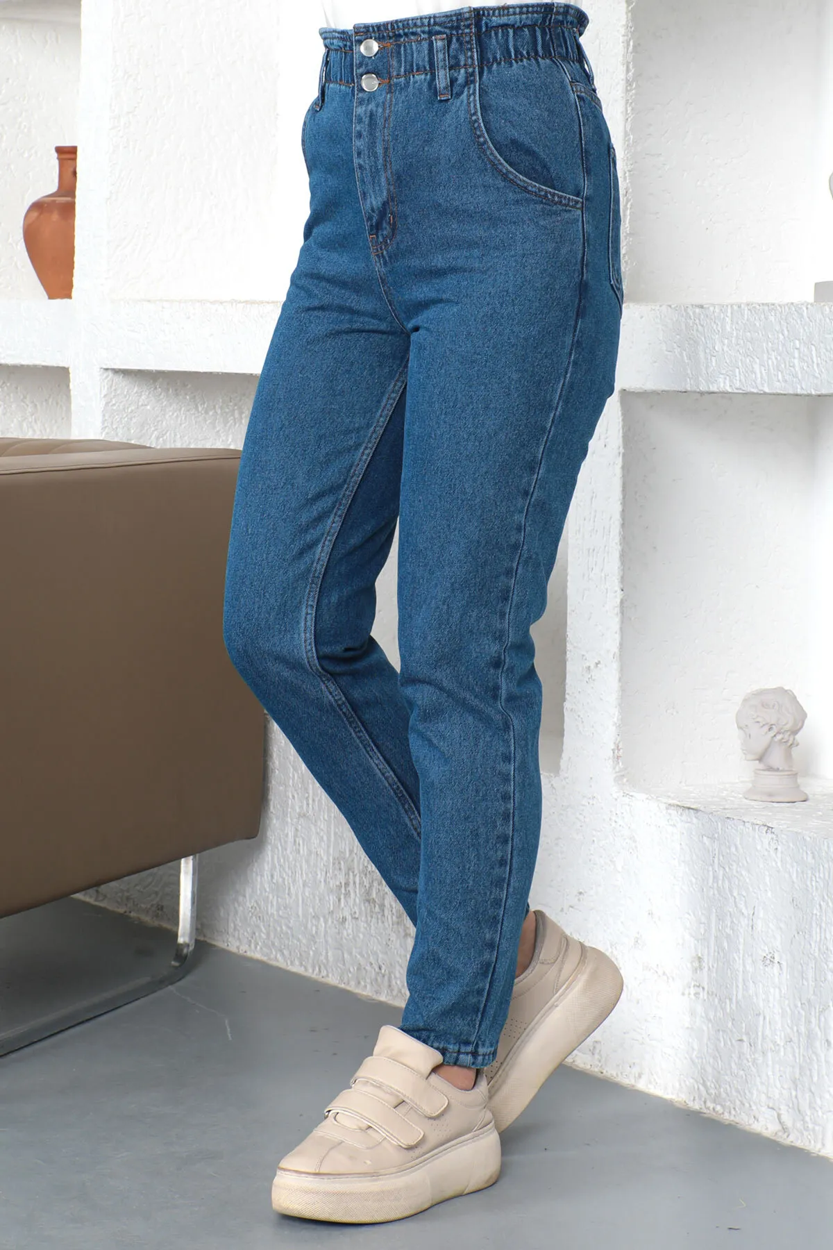 Tesettür Dünyası  Mom-Jeanshose mit elastischer Taille Tsd230366 Dunkelblau