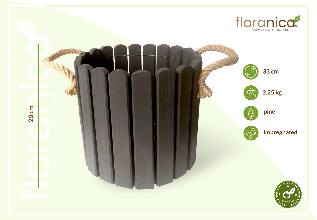 Pemicont Floranica Runder Blumentopf aus Holz 33x20cm Anthrazit Imprägnierte Kiefer Schutztopf für Kräuter Blumen Haus- und Gartendekoration Truhe Innen- und Außeneinsatz EU-Produkt