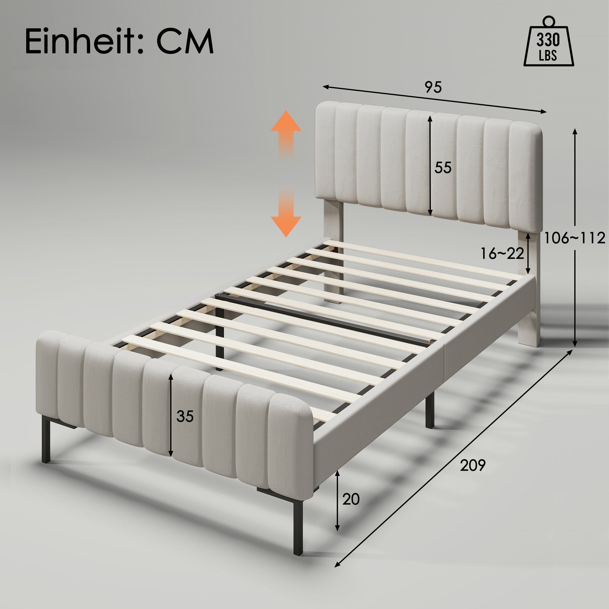 WISHDOR Polsterbett Einzelbett Stauraumbett Bett (90 x 200 cm Beige ohne Matratze), Bettgestell mit Lattenrost und Verstellbares Kopfteil