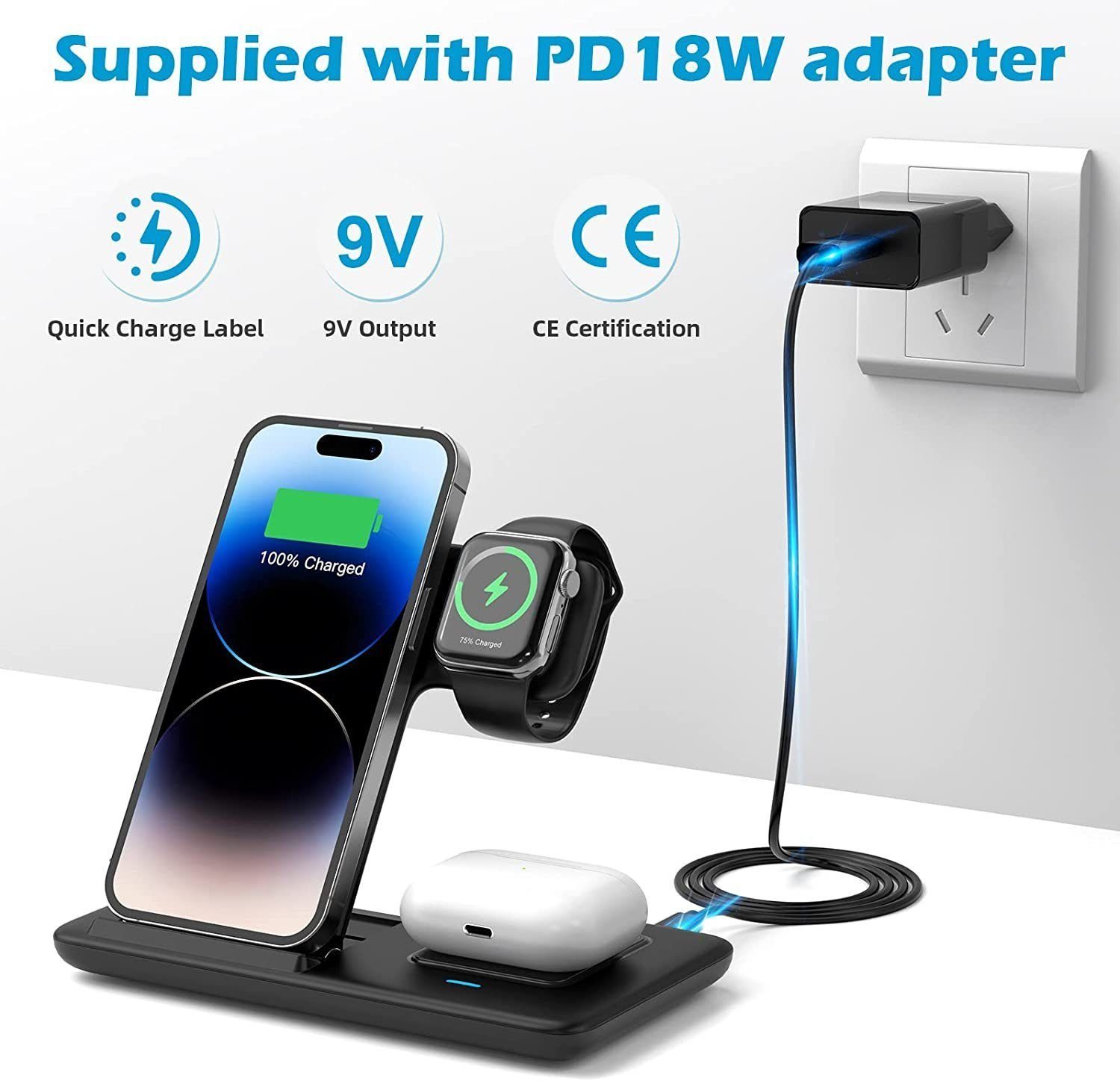 Yaviel Handy-Dockingstation Ladestation 3 in 1 Induktive Ladegerät Kabellose Wireless Charger 18W, (Apple Watch Iphone Airpods Handy Charging Station Induktive Ladegerät), mit USB Kabel für iPhone 14 13 12Pro Mini Pro Max